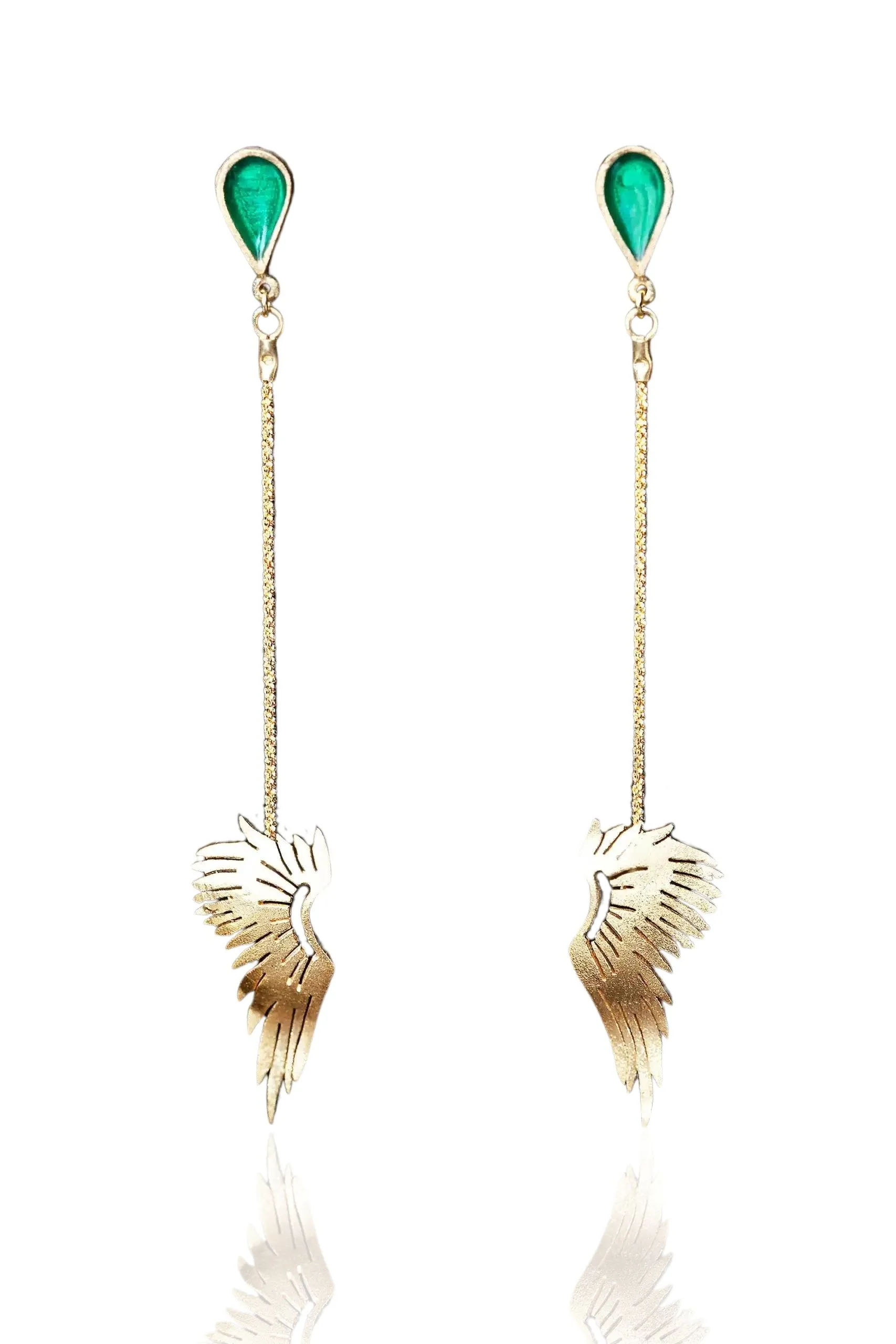 Angel wings gold plated silver earrings with green enamel