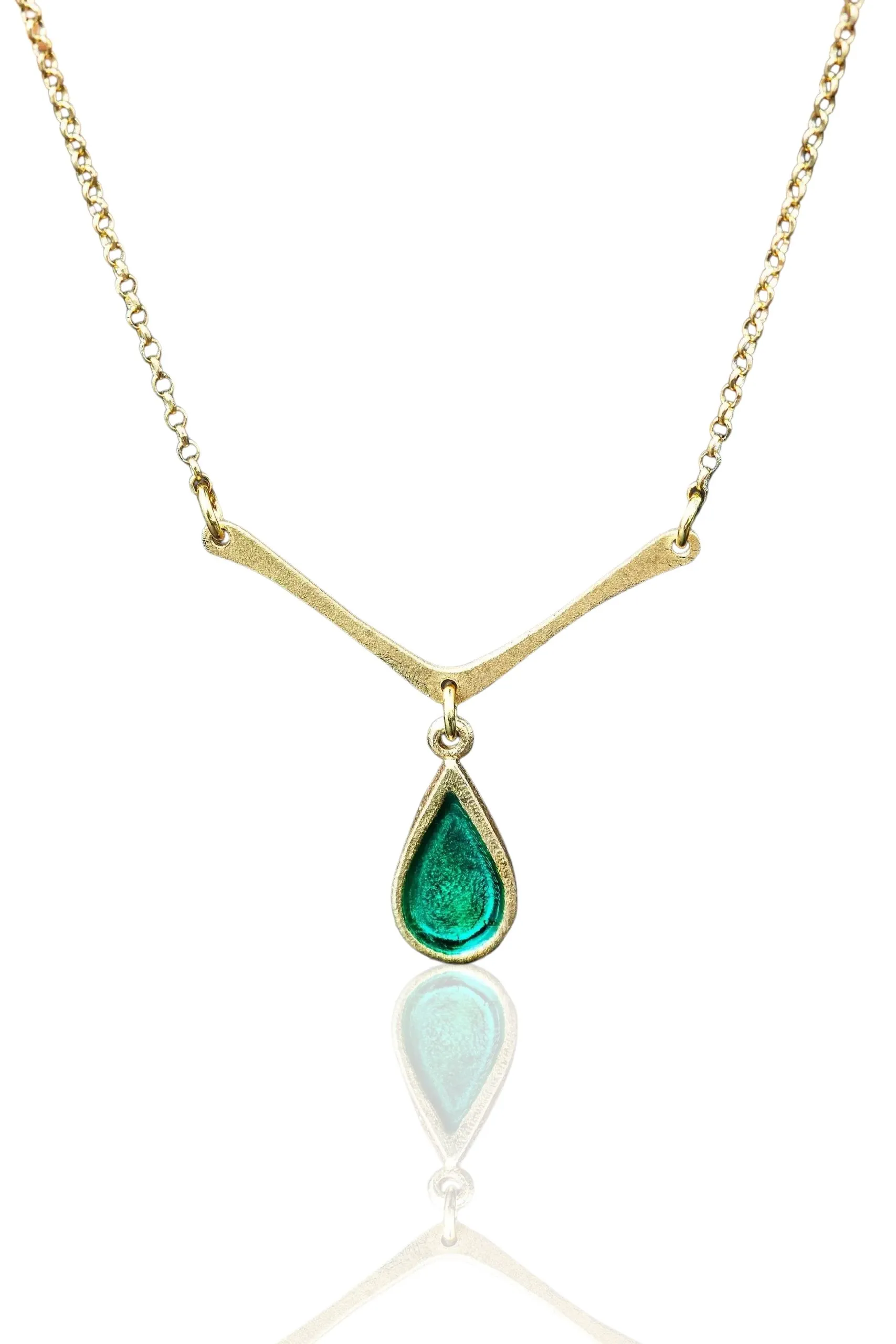 Handmade Jewellery | Drop gold plated silver necklace with green enamel main