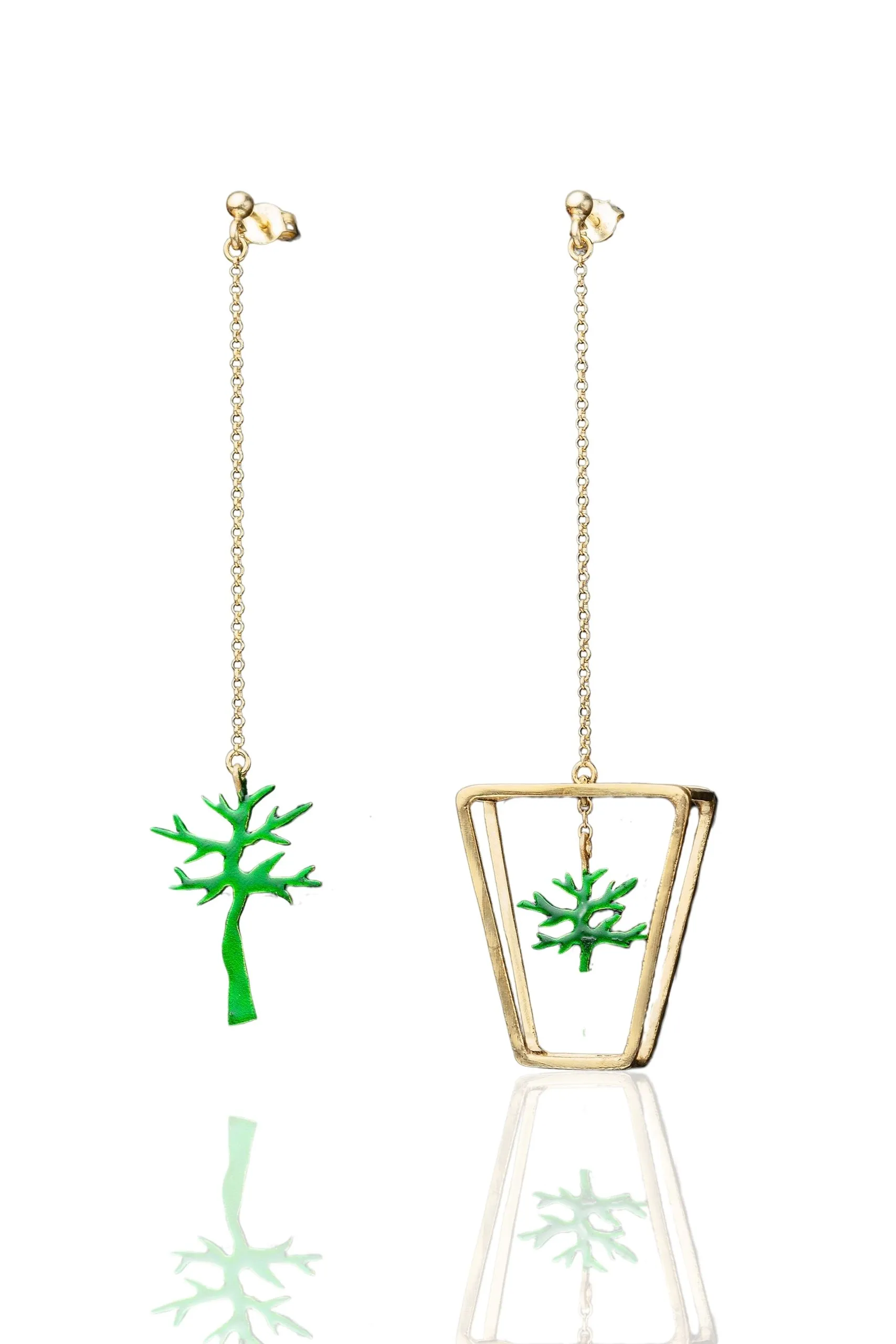 Green trees gold plated silver earrings