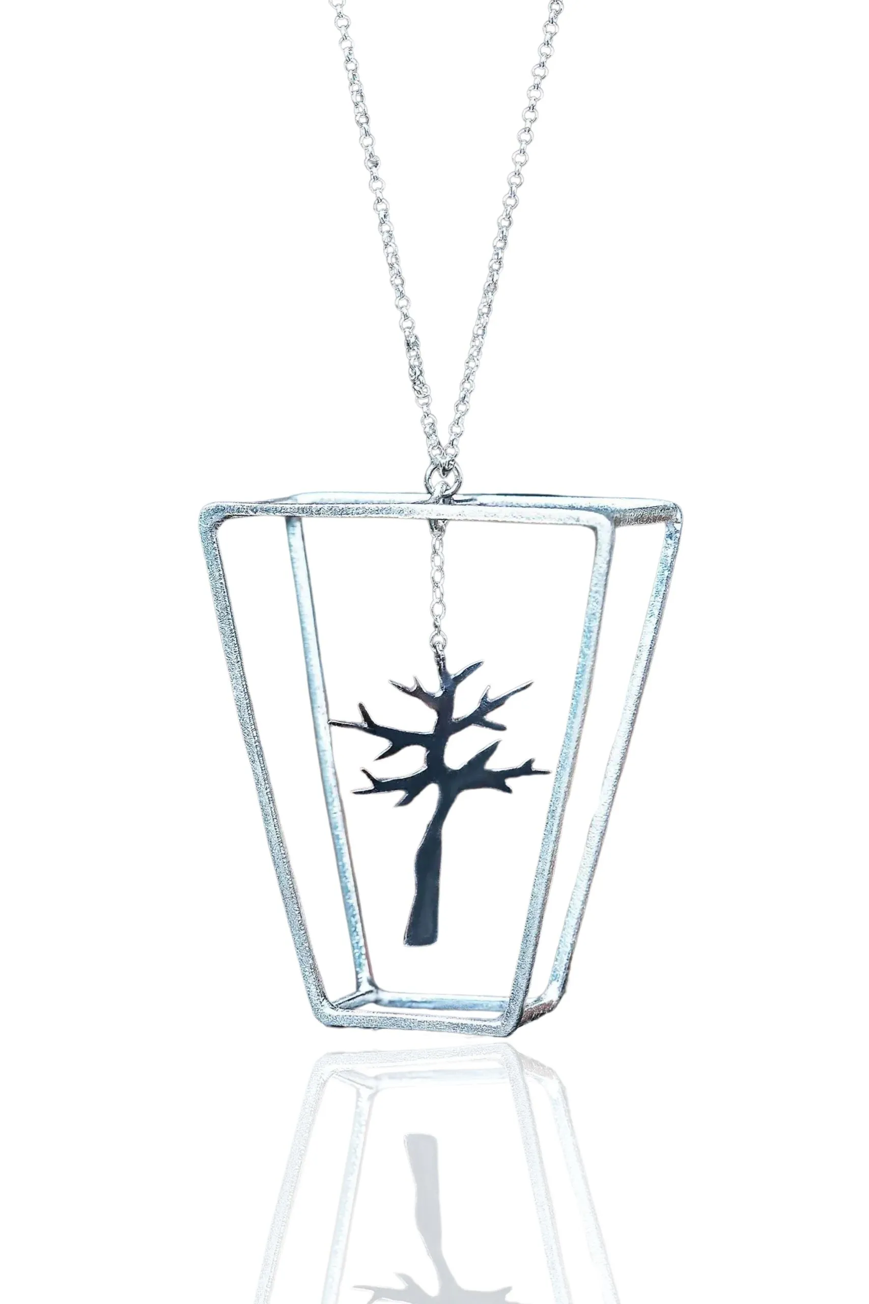 Tree black silver long necklace