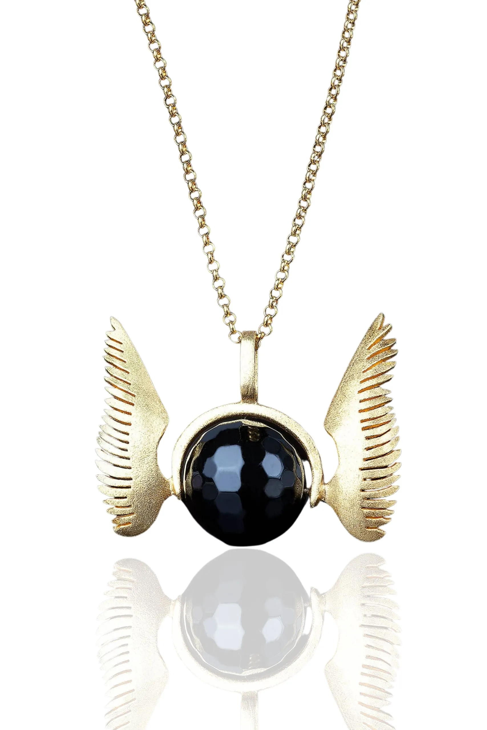 Handmade Jewellery | Wings gold plated silver long necklace with black onyx main