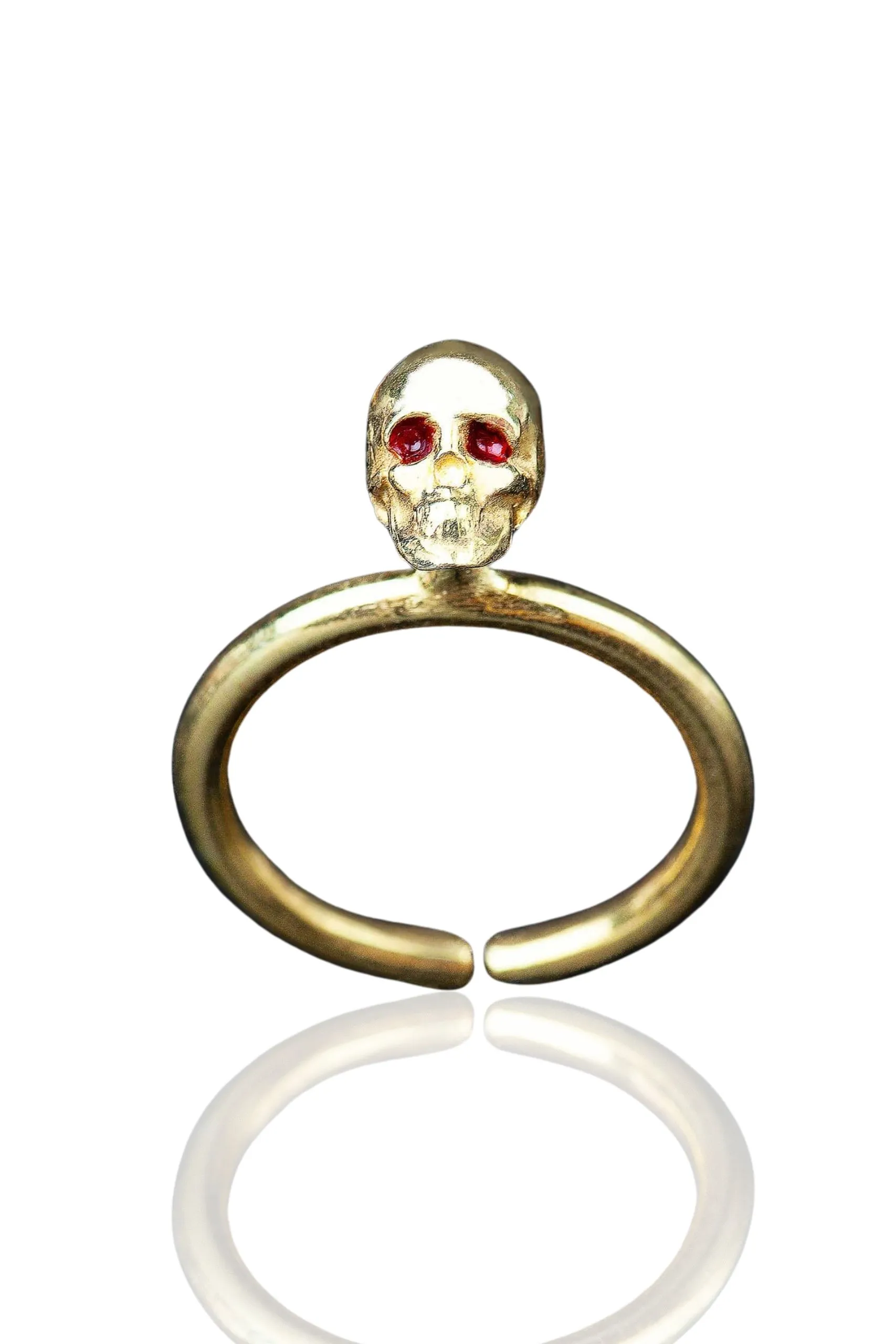 Scull gold plated silver ring with red enamel details