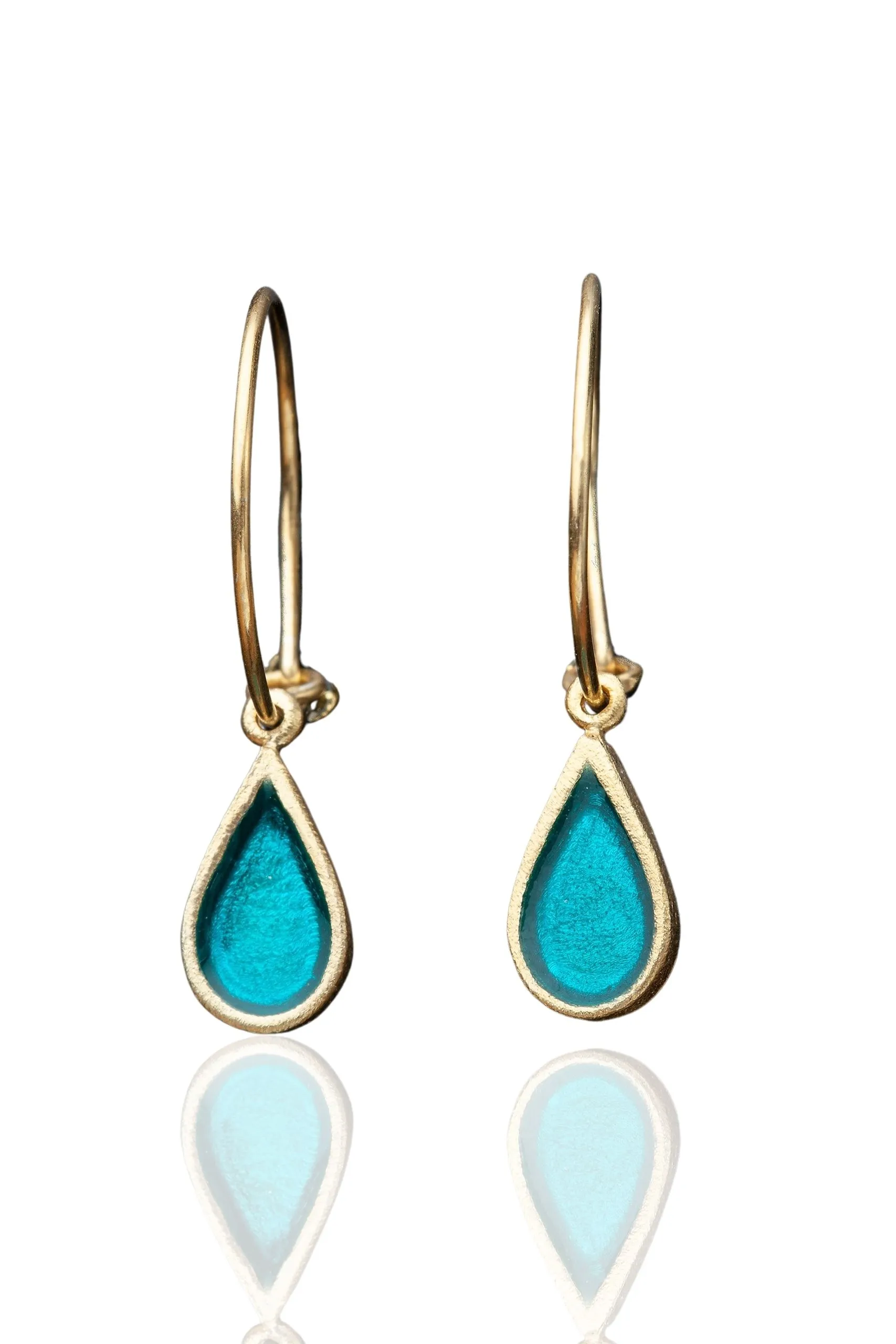 Handmade Jewellery | Drops gold plated silver hoops with turquoise enamel main