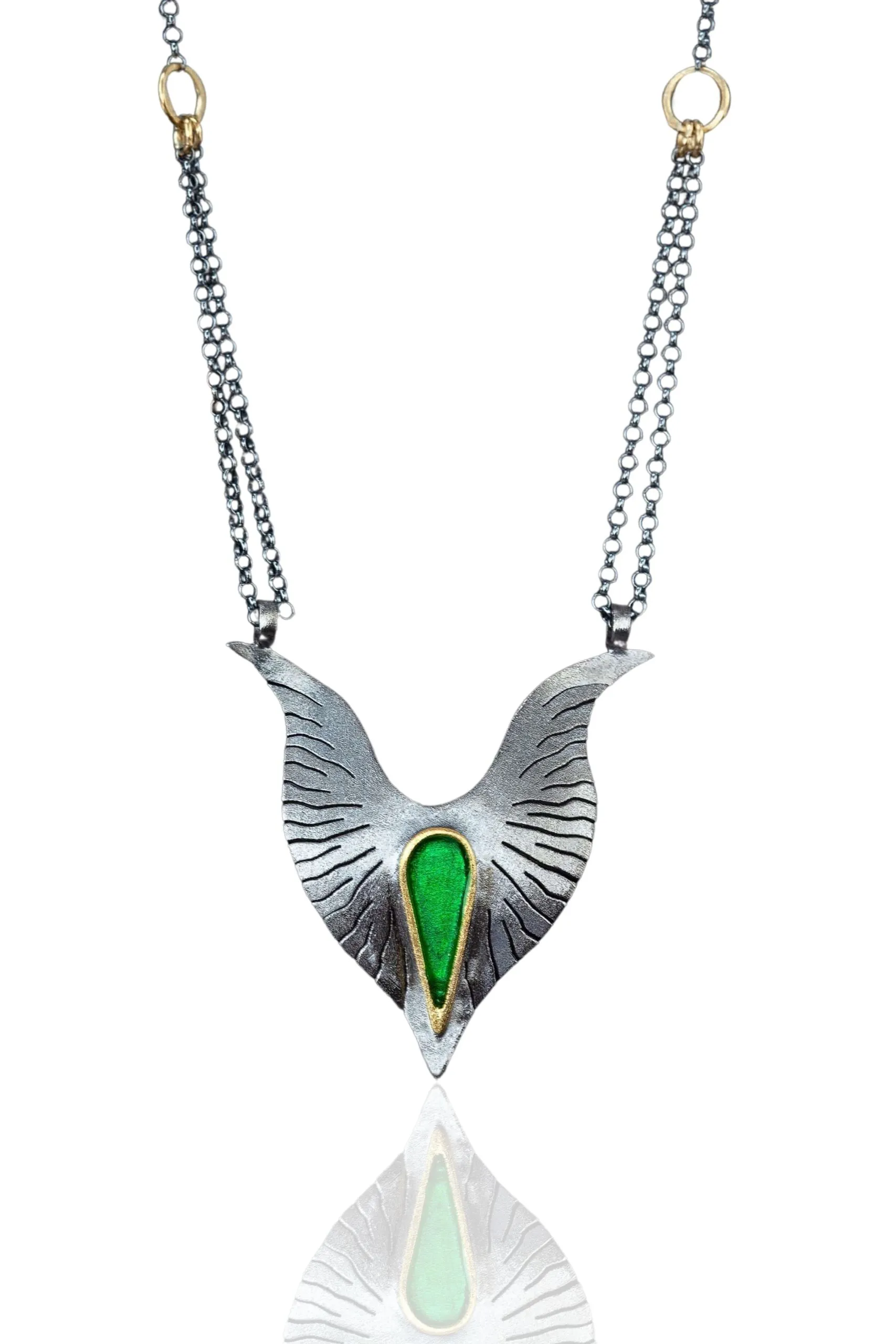 Handmade Jewellery | Wings black silver necklace with green enamel main