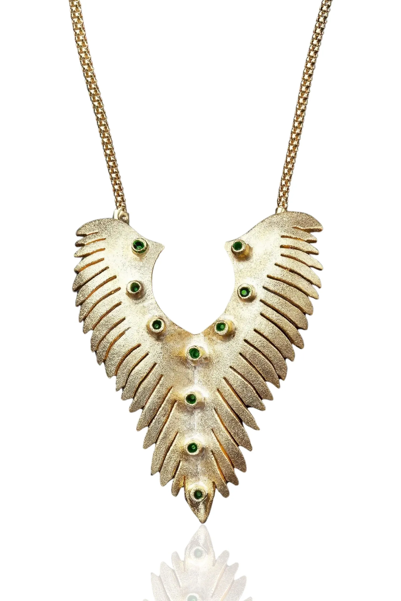 Handmade Jewellery | Wings gold plated silver necklace with green enamel main