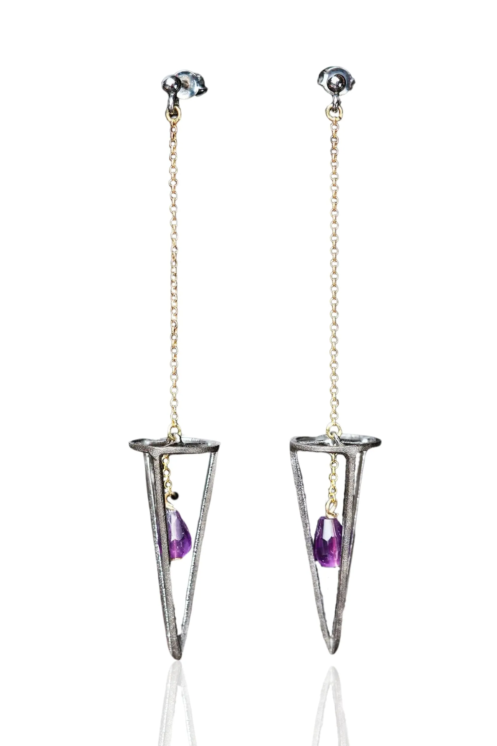 Handmade Jewellery | Cone silver gold and black plated earrings with amethyst main