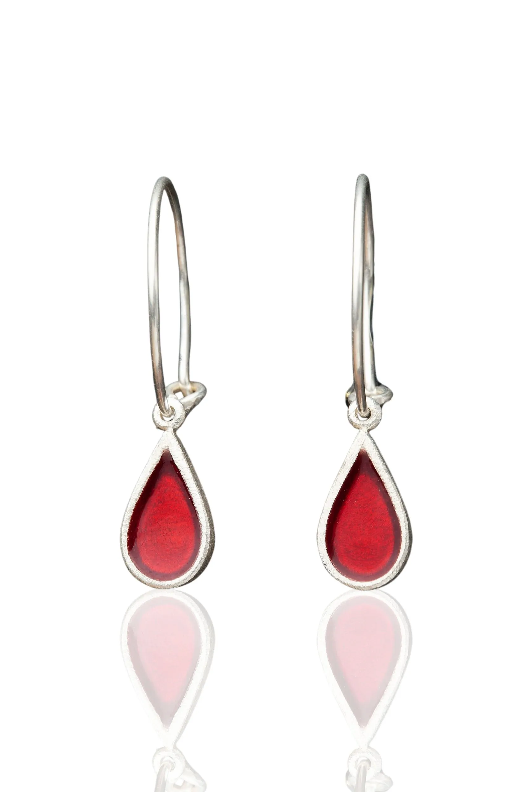 Drops silver hoops with red enamel