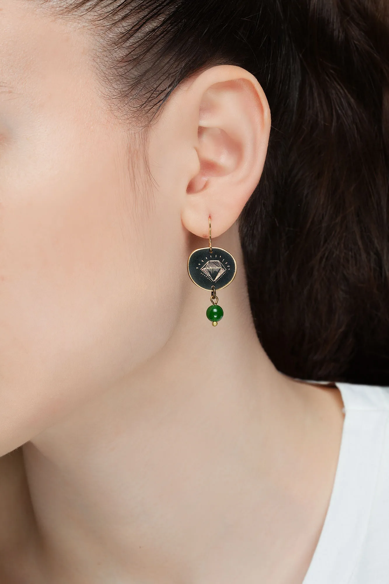 Handmade Jewellery | Engraved bronze earrings with green quartz gallery 1