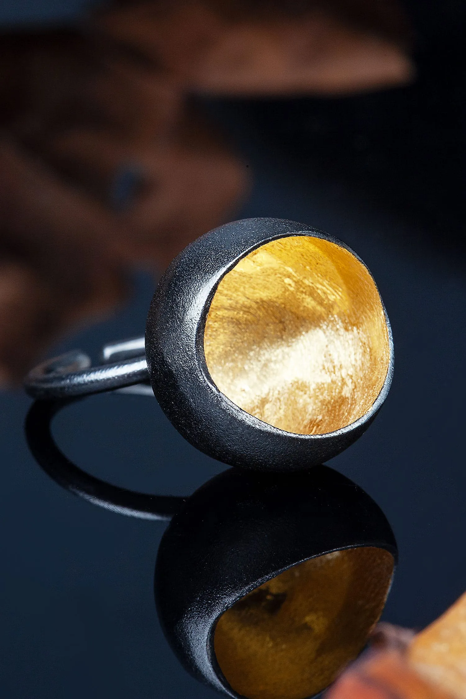 Handmade Jewellery | Ball gold and black rhodium plated silver ring gallery 2