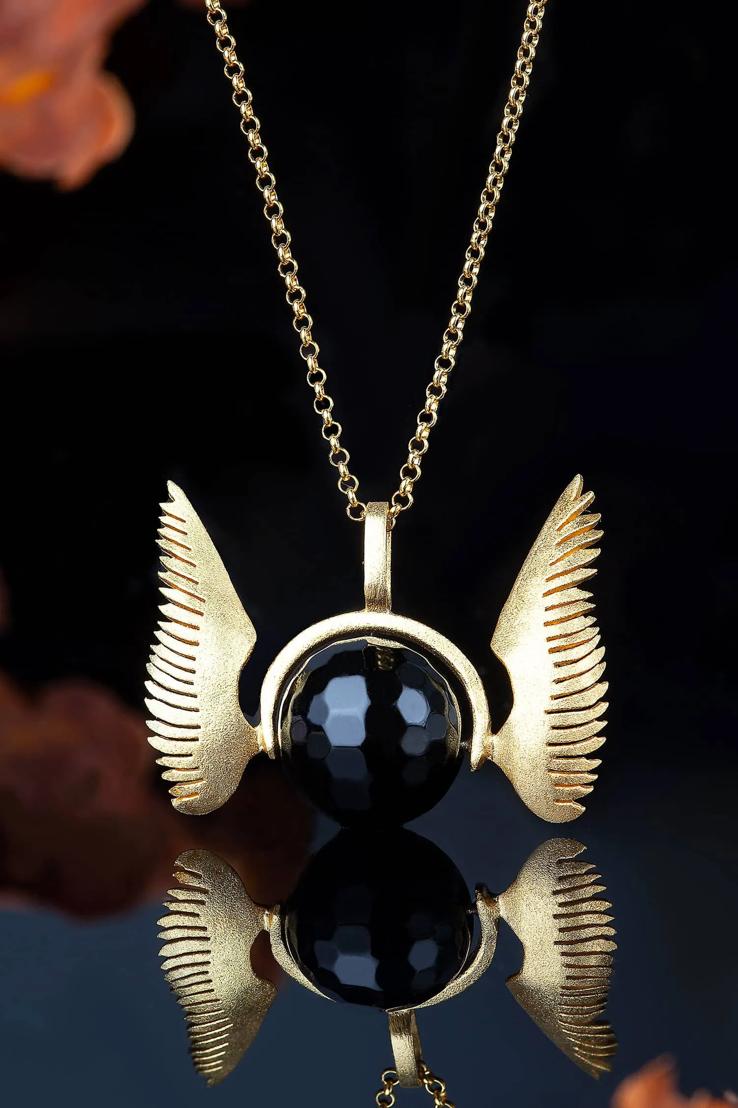 Handmade Jewellery | Wings gold plated silver long necklace with black onyx gallery 1