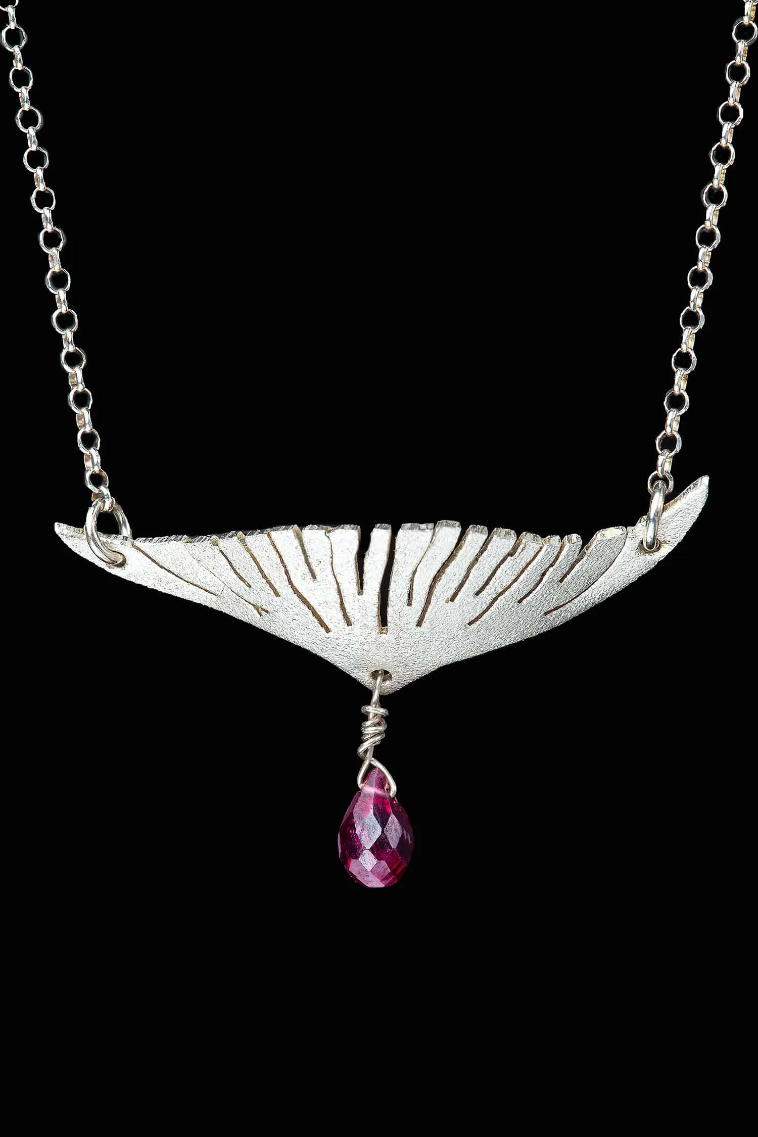 Handmade Jewellery | Wing rhodium plated silver necklace with garnet gallery 2