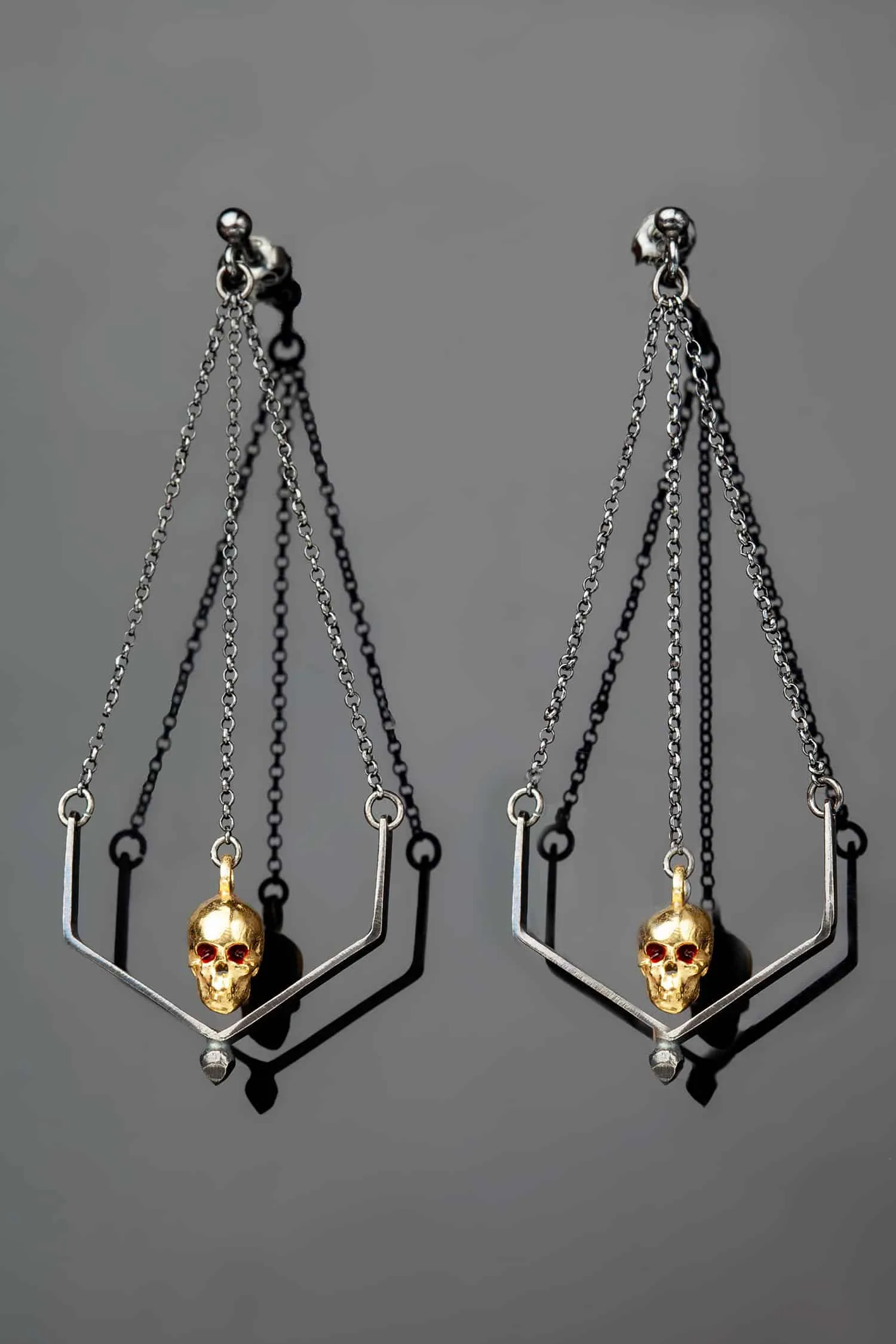 Handmade Jewellery | Unique sculls gold and black rhodium plated silver earrings gallery 2