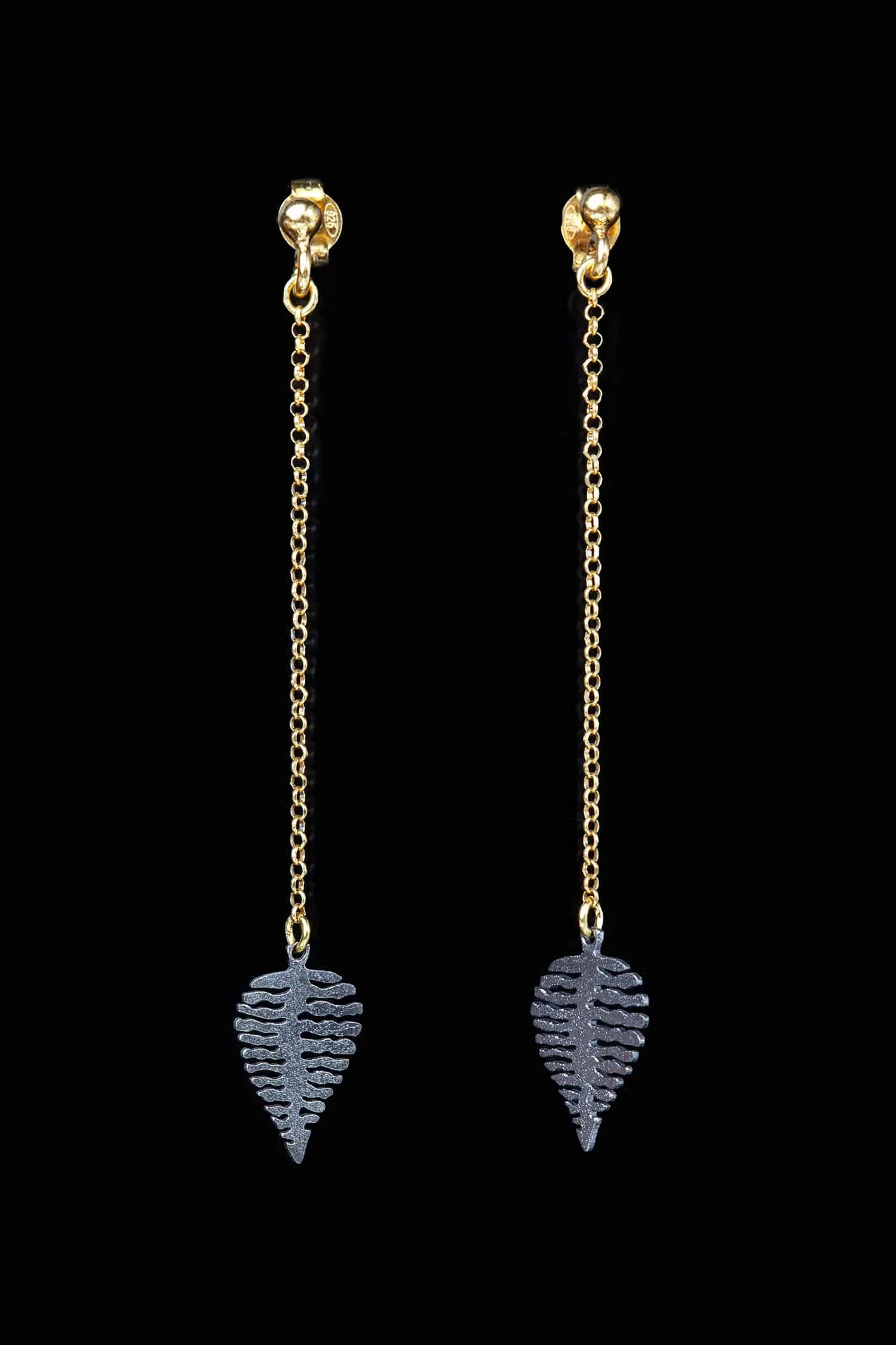 Handmade Jewellery | Leaves gold and black rhodium plated silver earrings gallery 1