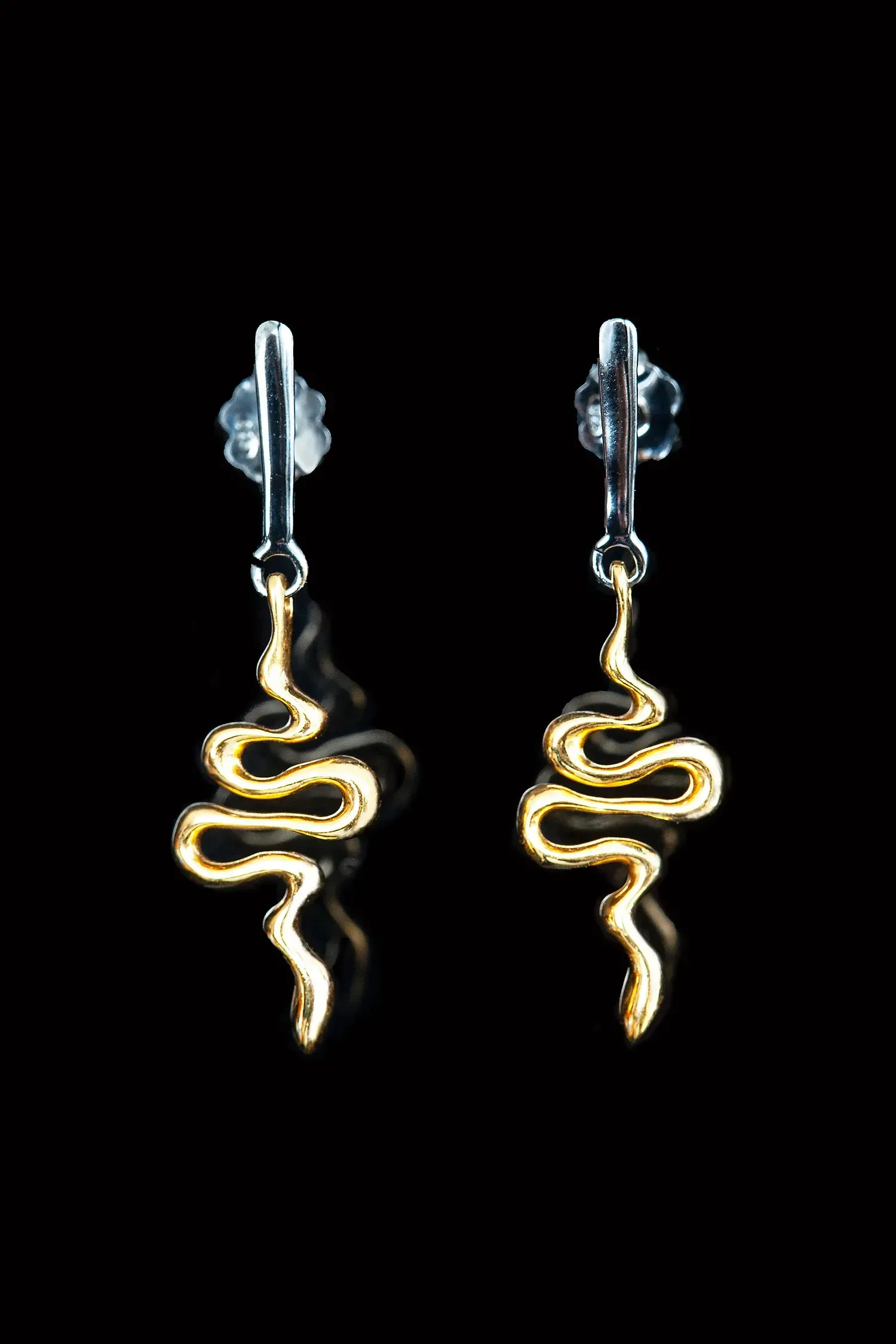 Handmade Jewellery | Snakes gold and black rhodium plated silver earrings gallery 1