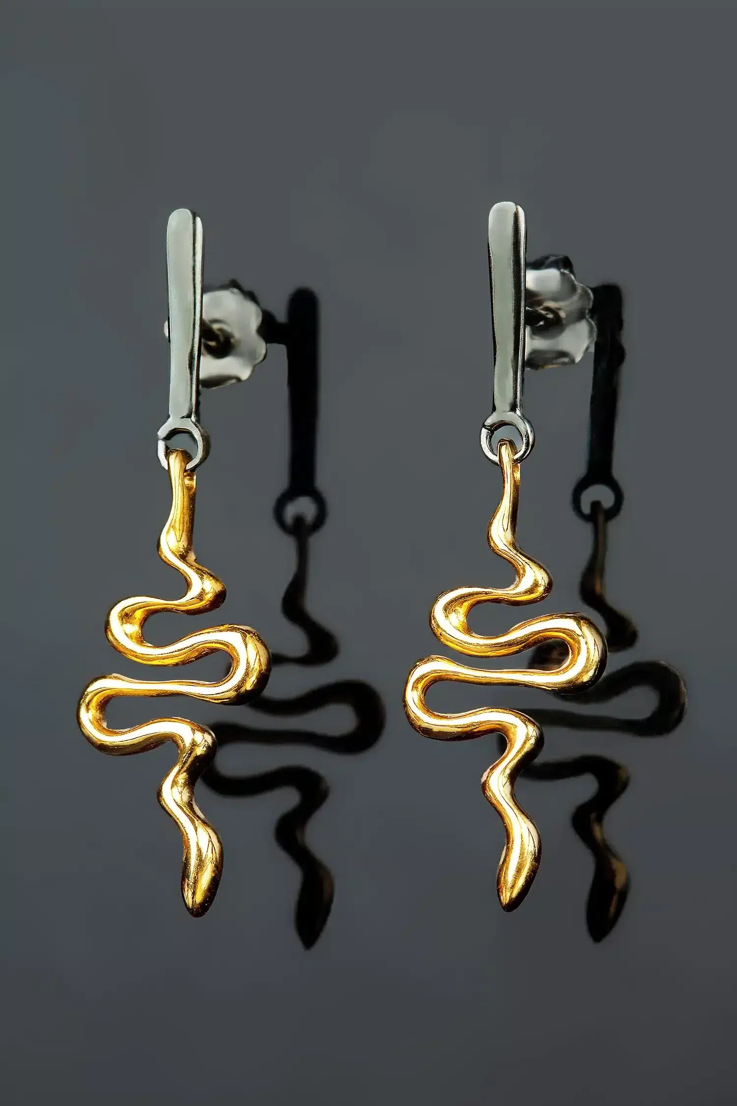 Handmade Jewellery | Snakes gold and black rhodium plated silver earrings gallery 2