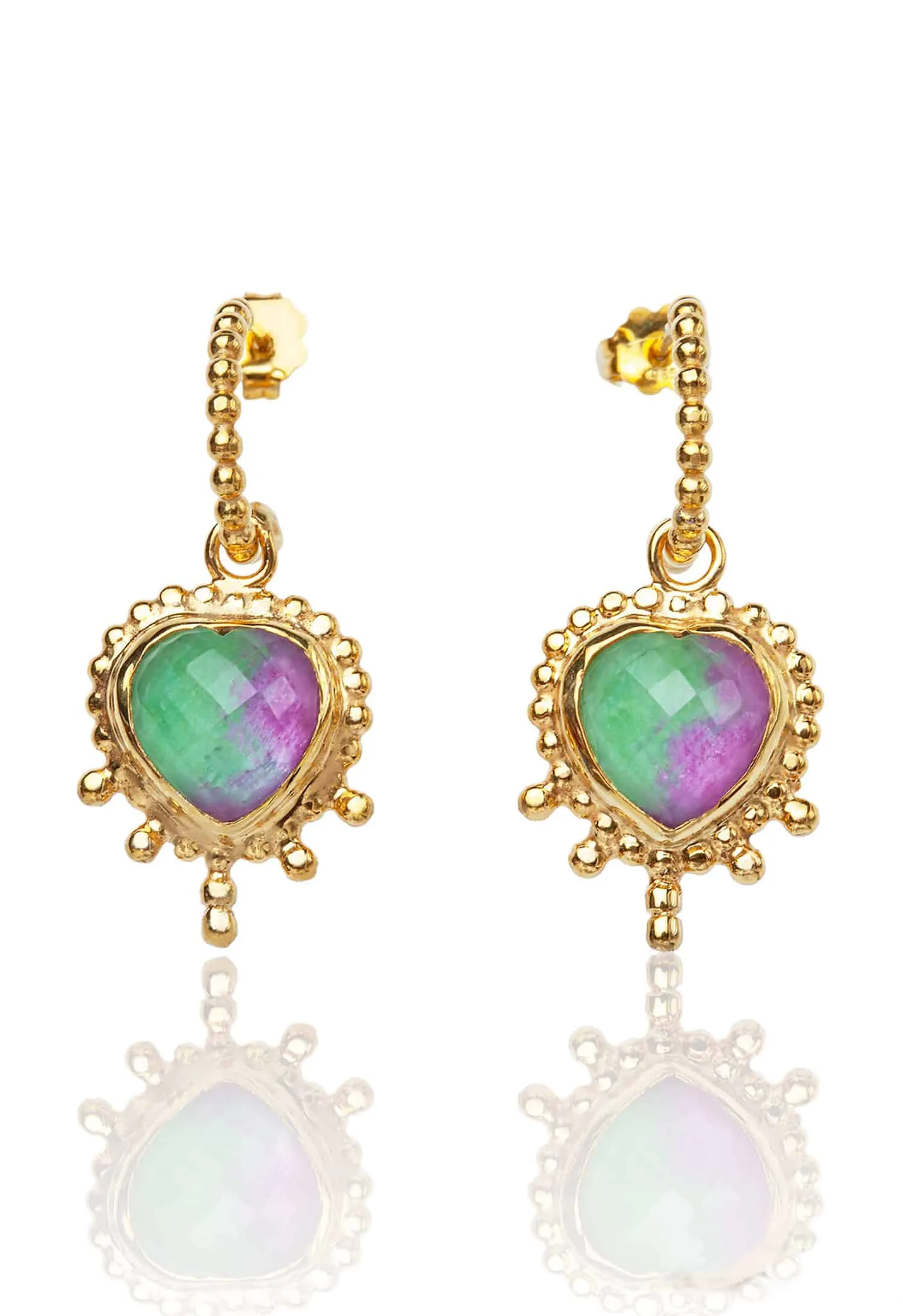 Handmade Jewellery | Ruby & zoisite Hearts gold plated silver earrings main