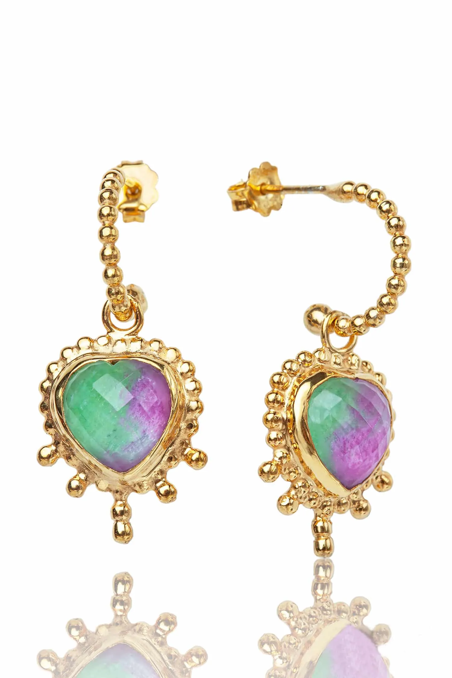 Handmade Jewellery | Ruby & zoisite Hearts gold plated silver earrings gallery 1