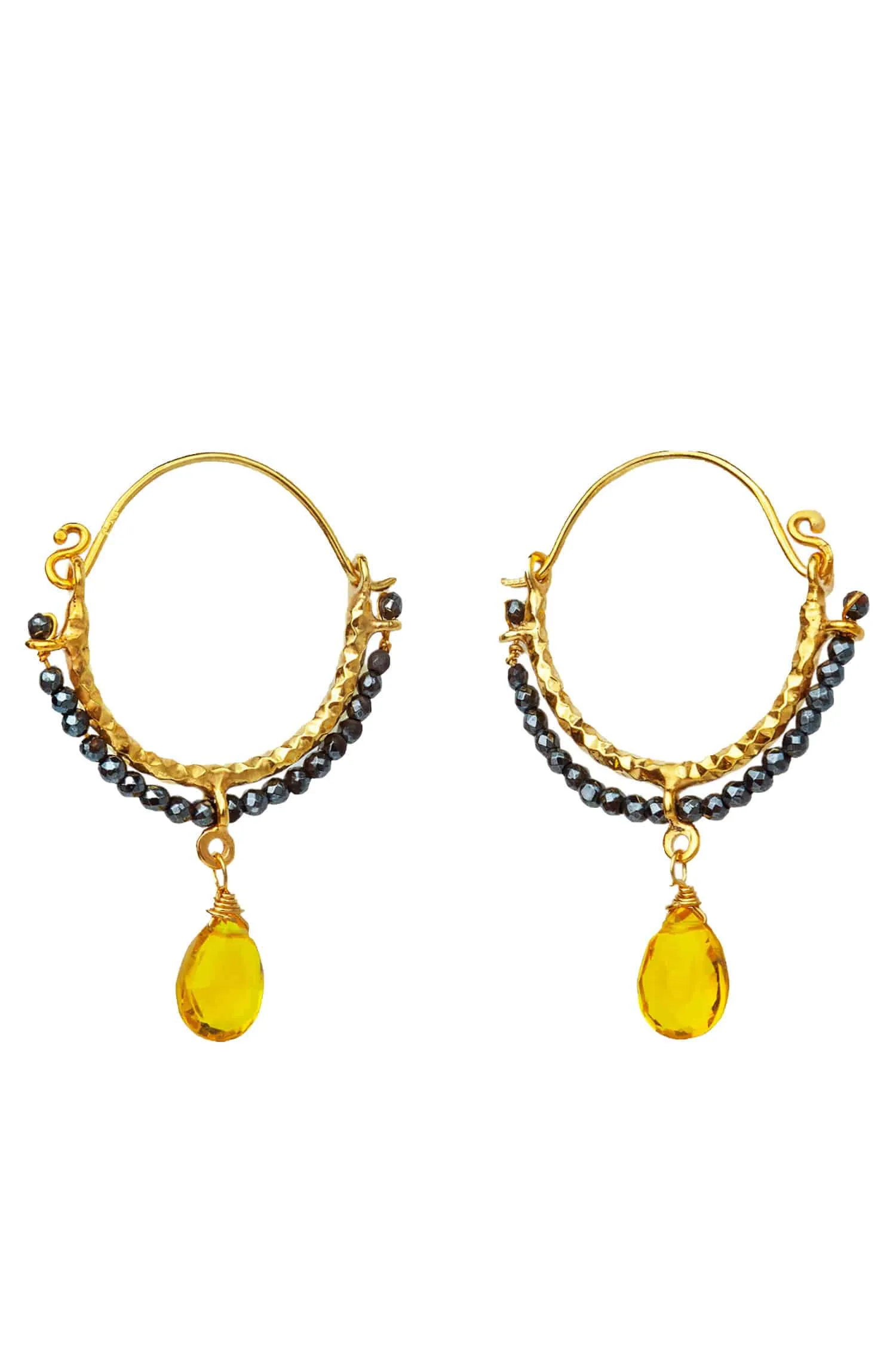 Handmade Jewellery | Hematite & lemon quartz gold plated silver hoops main