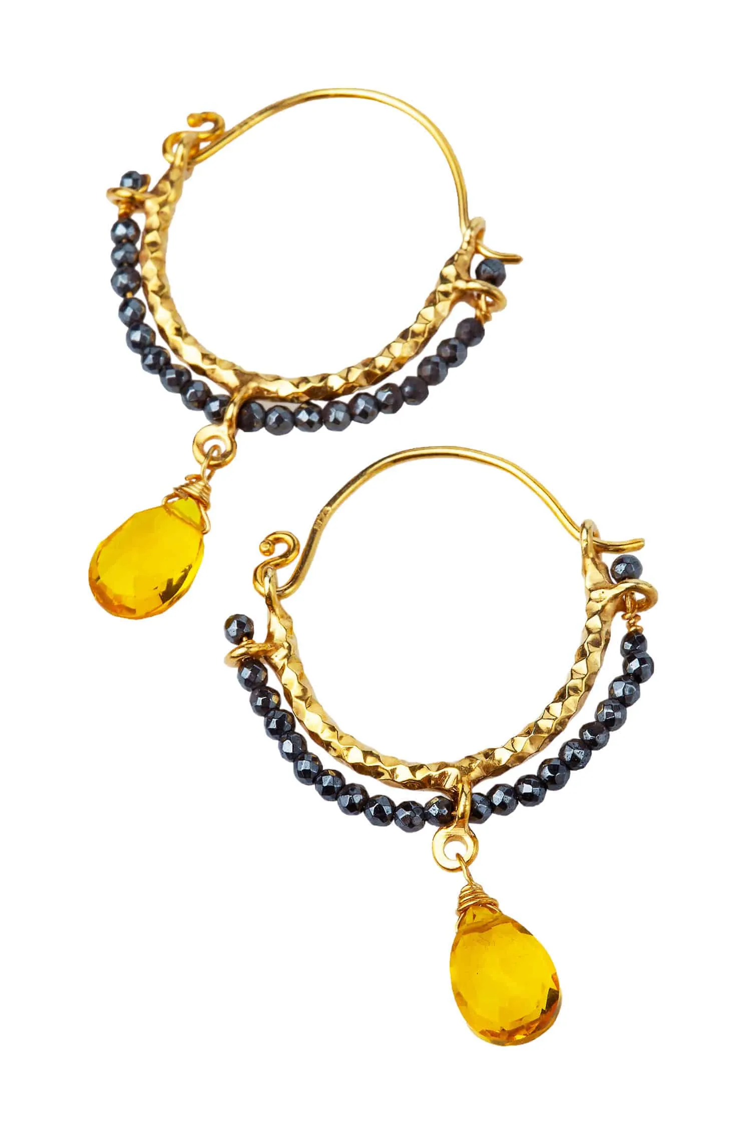 Handmade Jewellery | Hematite & lemon quartz gold plated silver hoops gallery 1