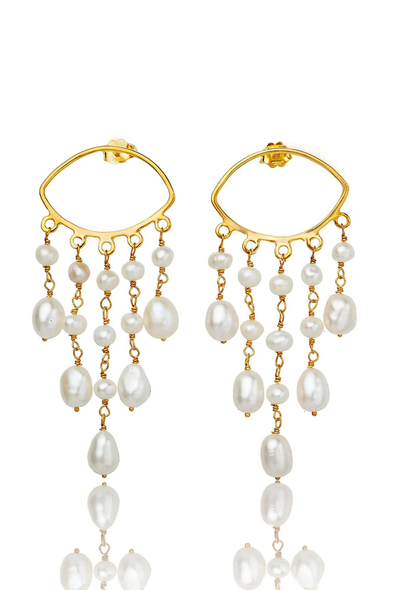 Handmade Jewellery | Eyes with pearls gold plated silver long earrings main