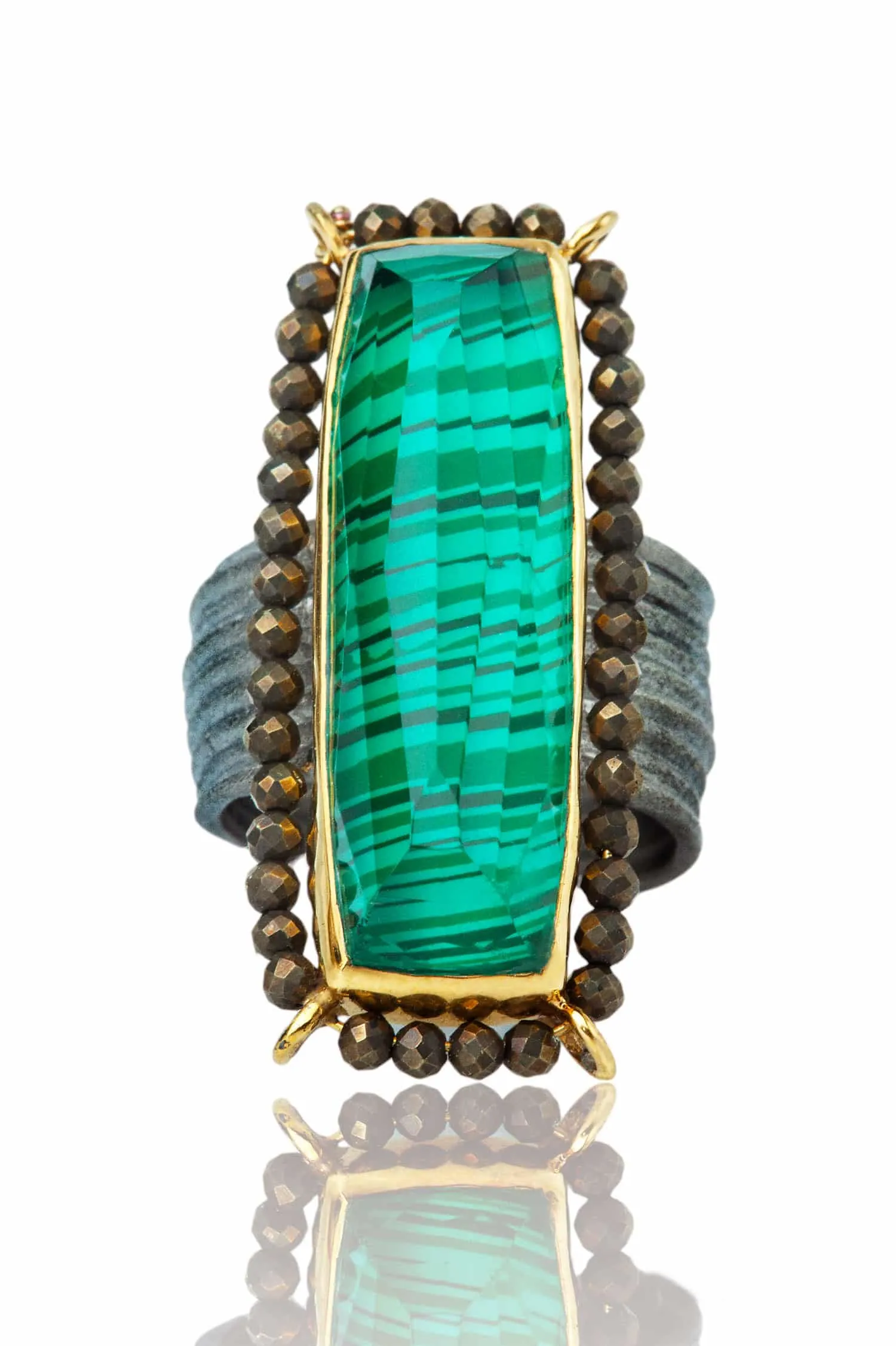 Handmade Jewellery | Malachite gold and black rhodium plated silver ring with pyrite gallery 2