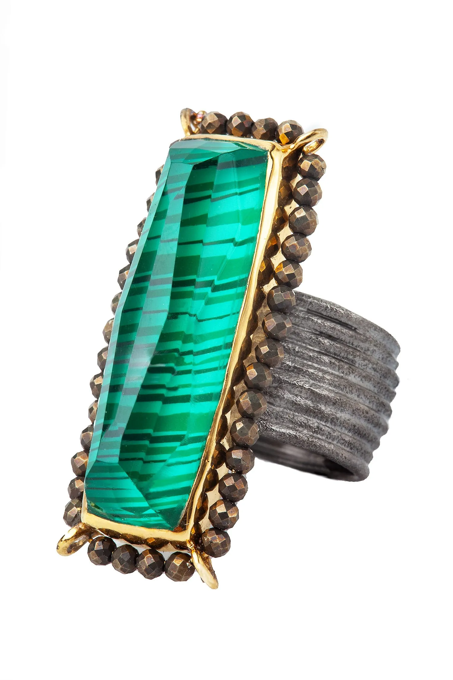 Handmade Jewellery | Malachite gold and black rhodium plated silver ring with pyrite main