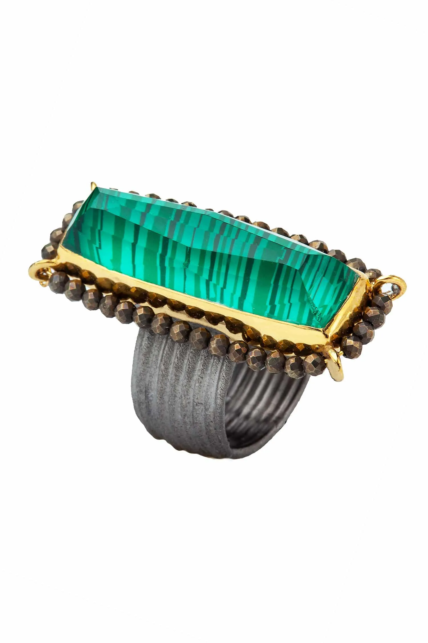 Handmade Jewellery | Malachite gold and black rhodium plated silver ring with pyrite gallery 1