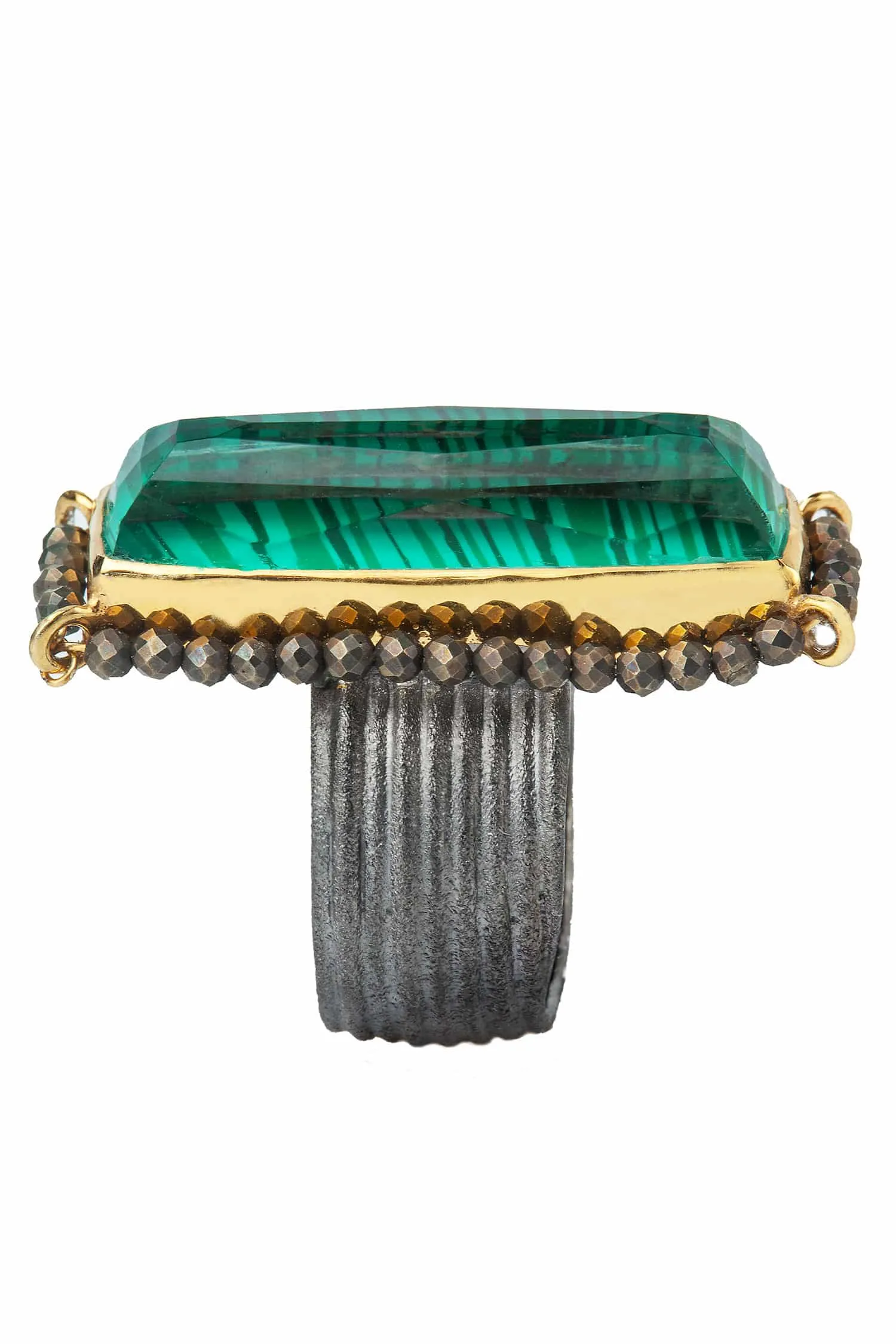 Handmade Jewellery | Malachite gold and black rhodium plated silver ring with pyrite gallery 3