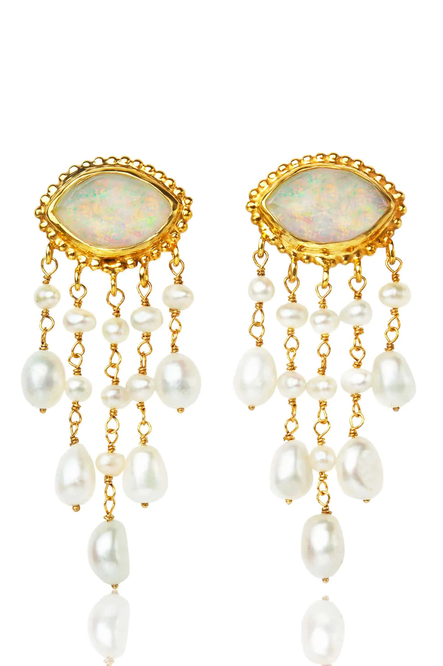 Opal eyes gold plated silver earrings with pearls