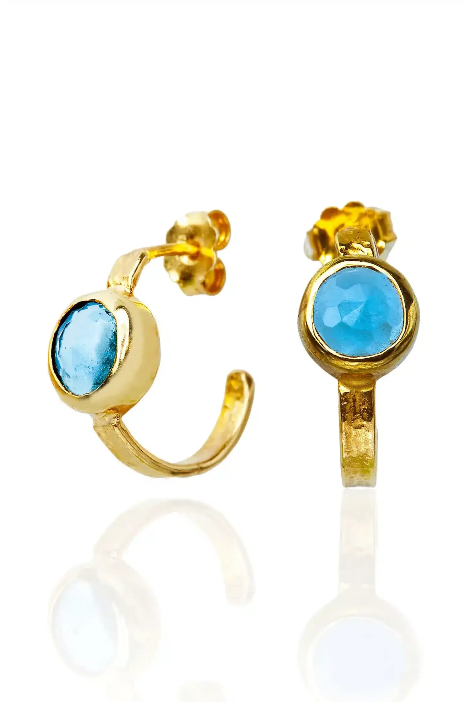 Handmade Jewellery | Blue topaz gold plated silver hoops main