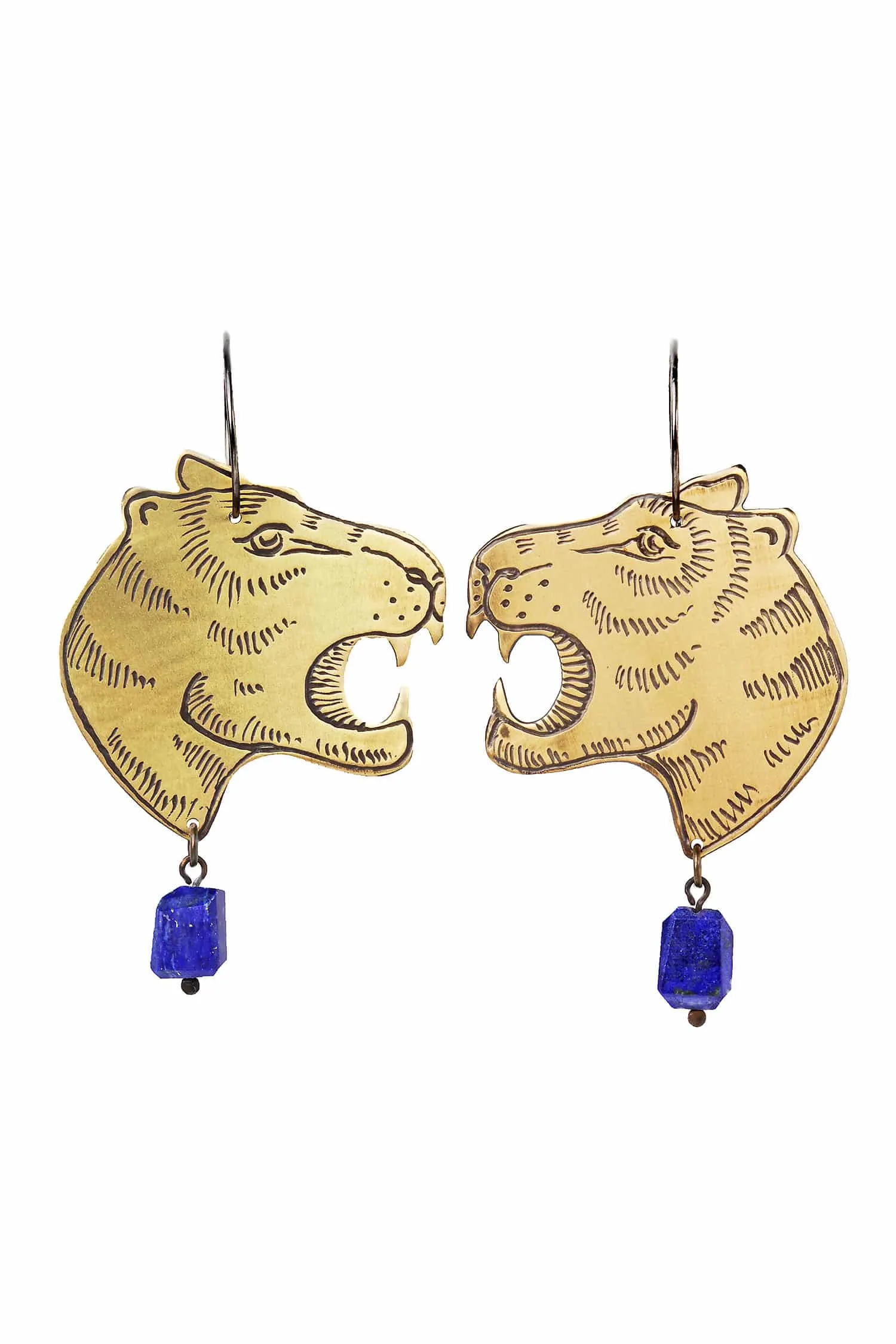 Tigers bronze and silver earrings with lapis lazuli