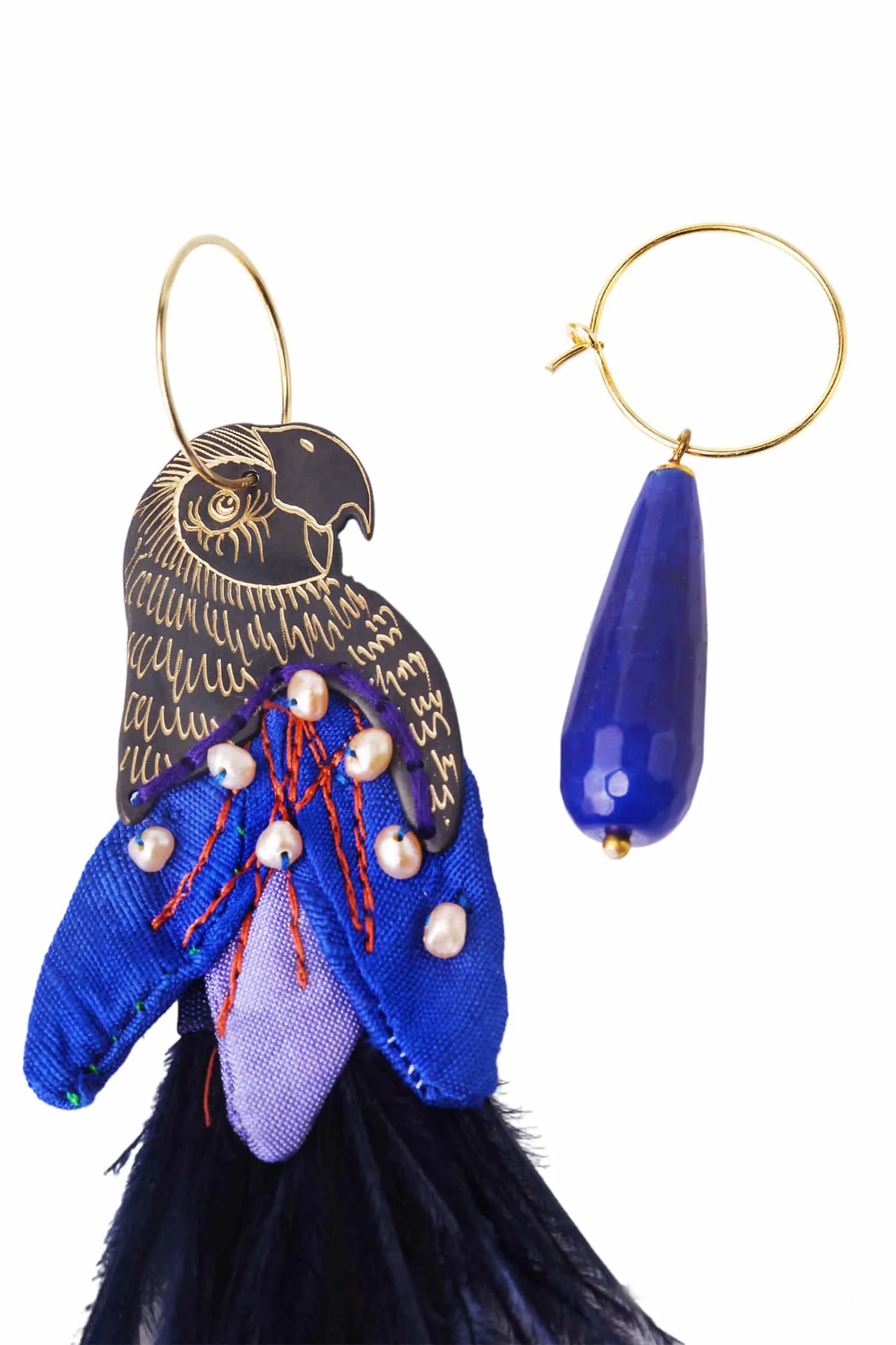 Handmade Jewellery | Parrot engraved bronze earrings with silk fabrics gallery 1