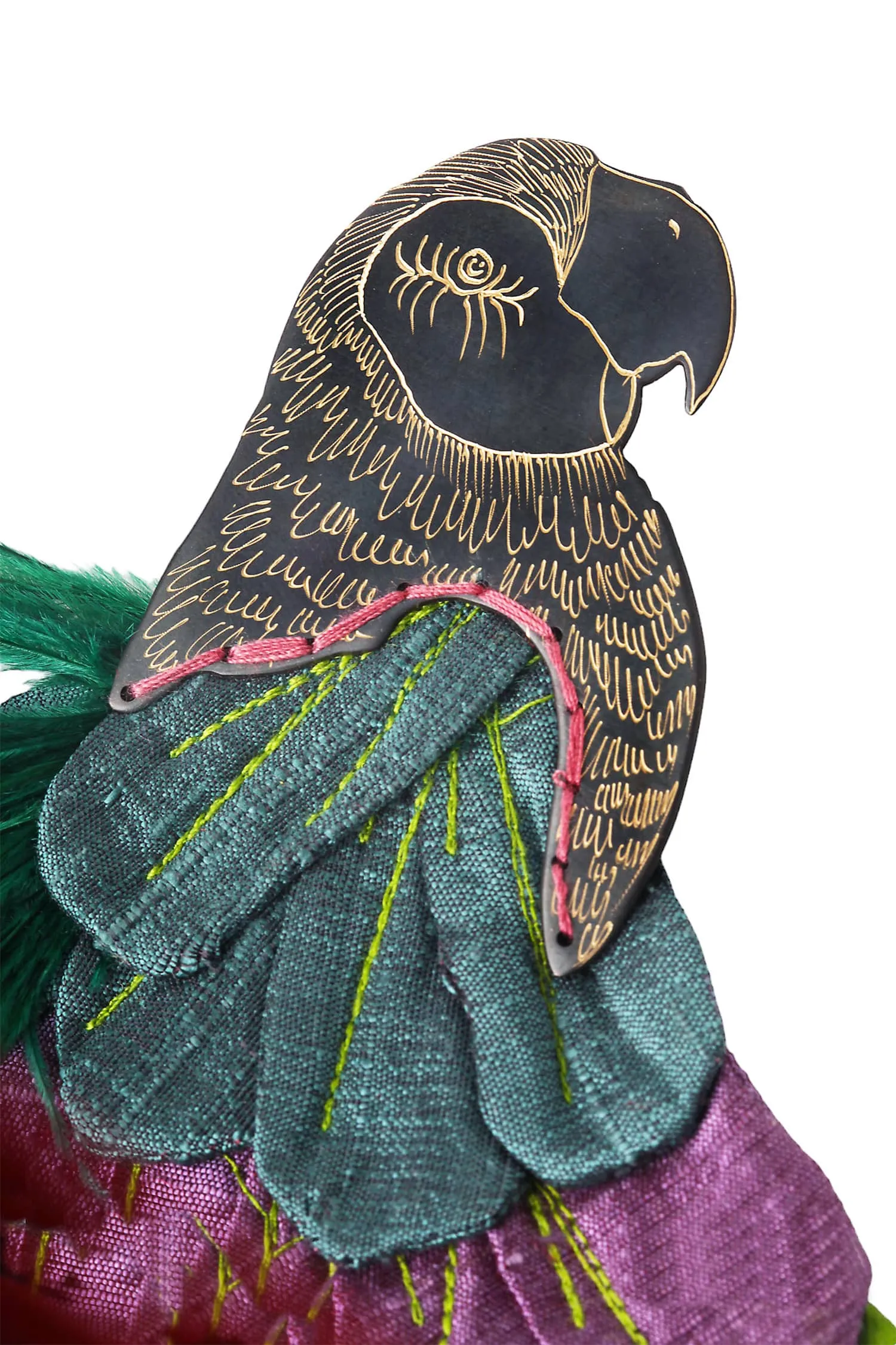 Handmade Jewellery | Parrot engraved bronze brooch with fabrics and feathers gallery 3