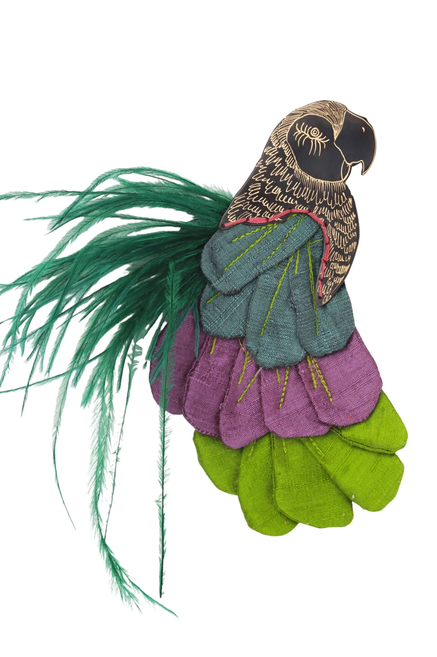 Handmade Jewellery | Parrot engraved bronze brooch with fabrics and feathers main