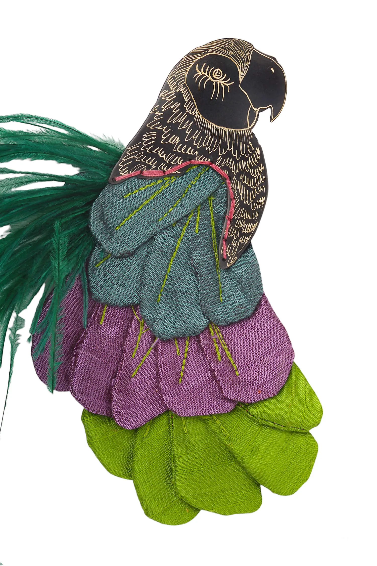 Handmade Jewellery | Parrot engraved bronze brooch with fabrics and feathers gallery 2