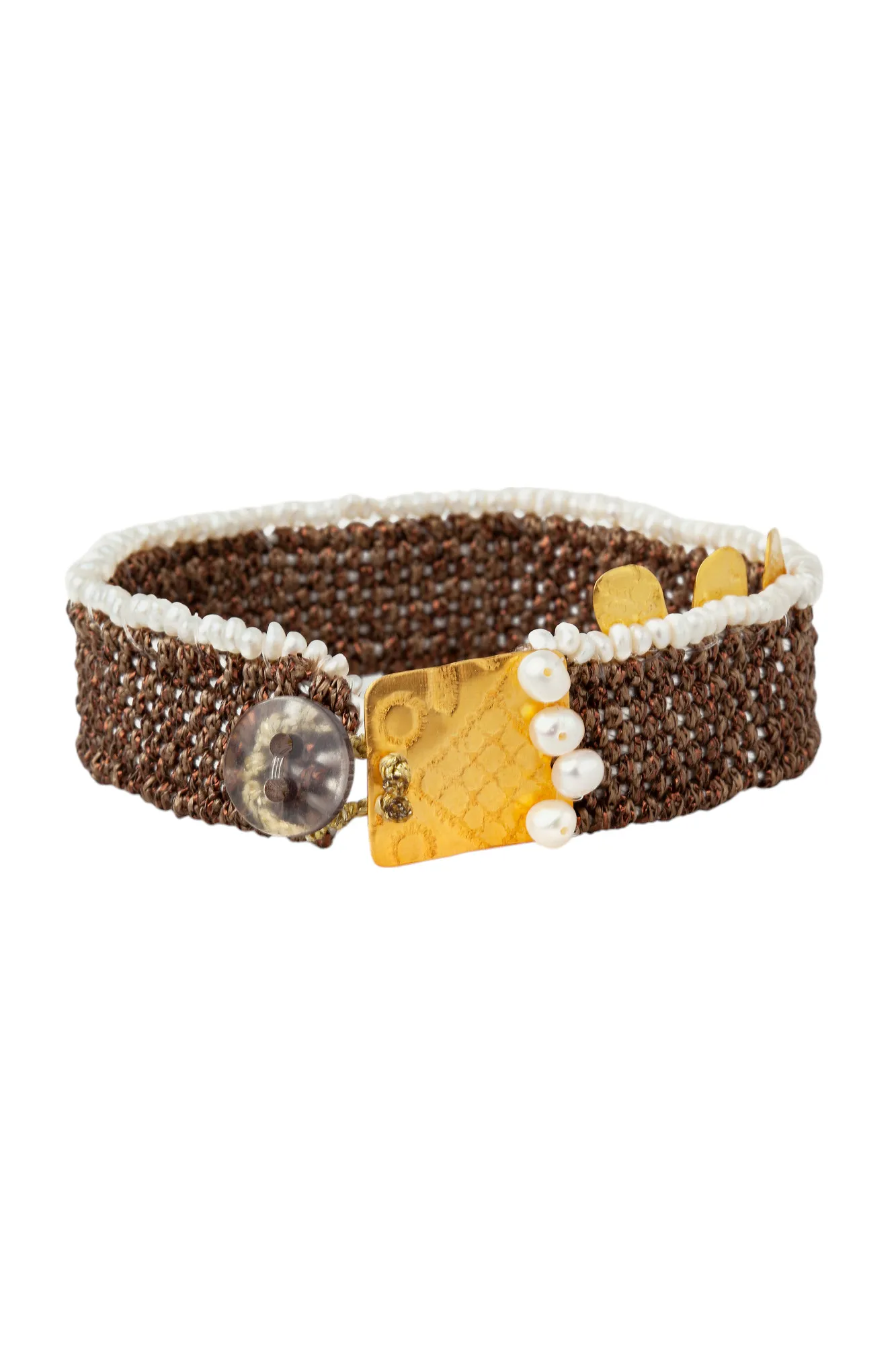 Handmade Jewellery | Woven brown bracelet with gold plated silver and pearls gallery 4