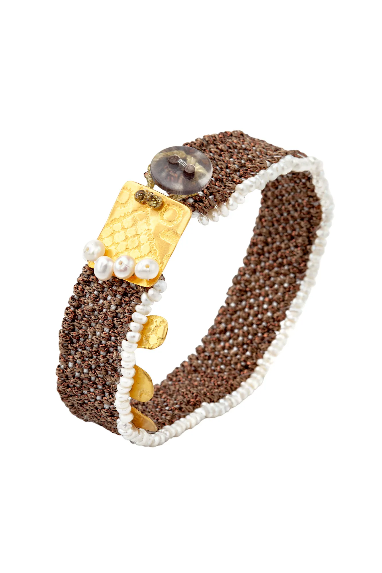 Woven brown bracelet with gold plated silver and pearls