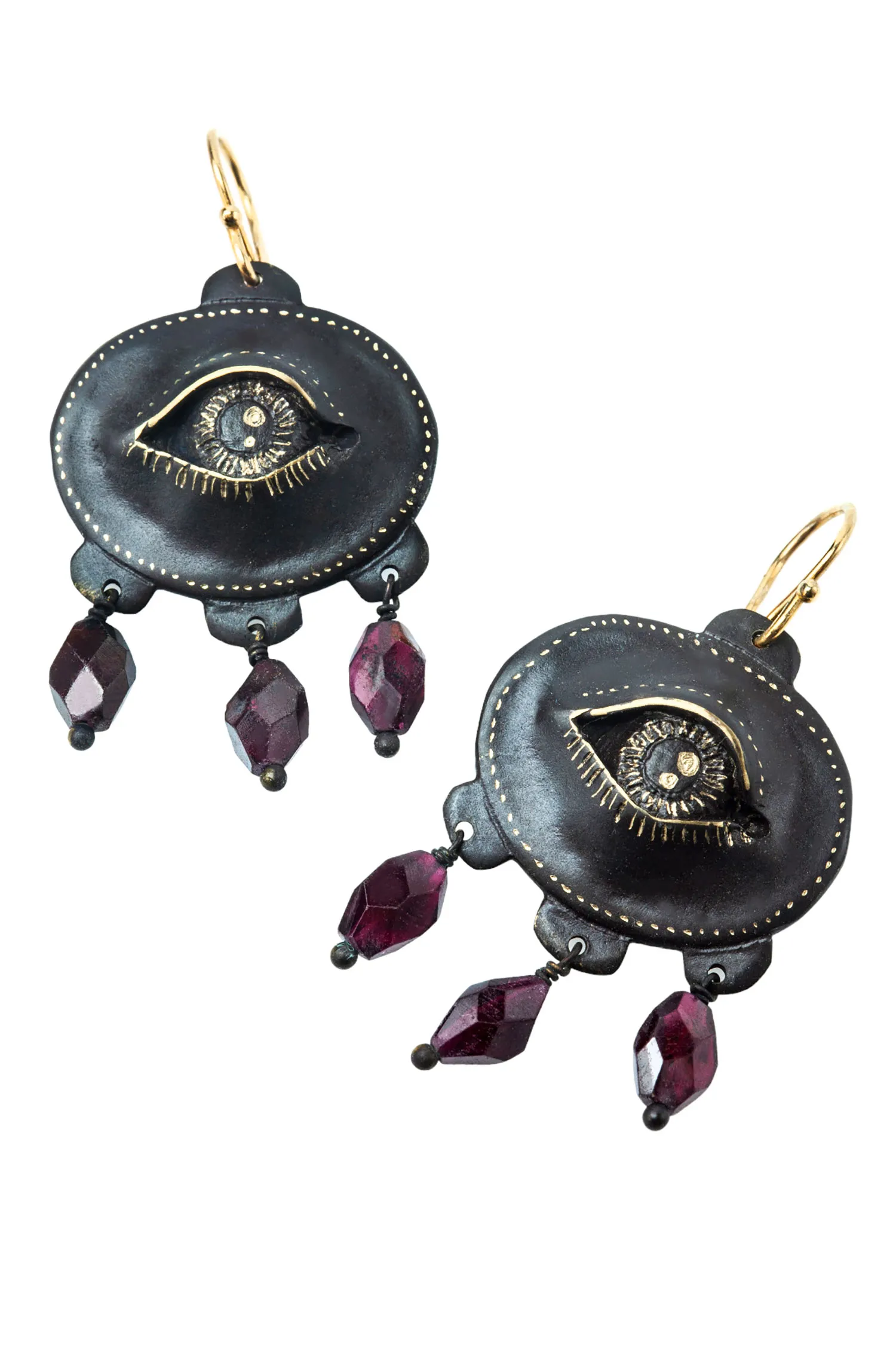 Handmade Jewellery | Eyes engraved bronze and silver earrings with garnet gallery 2