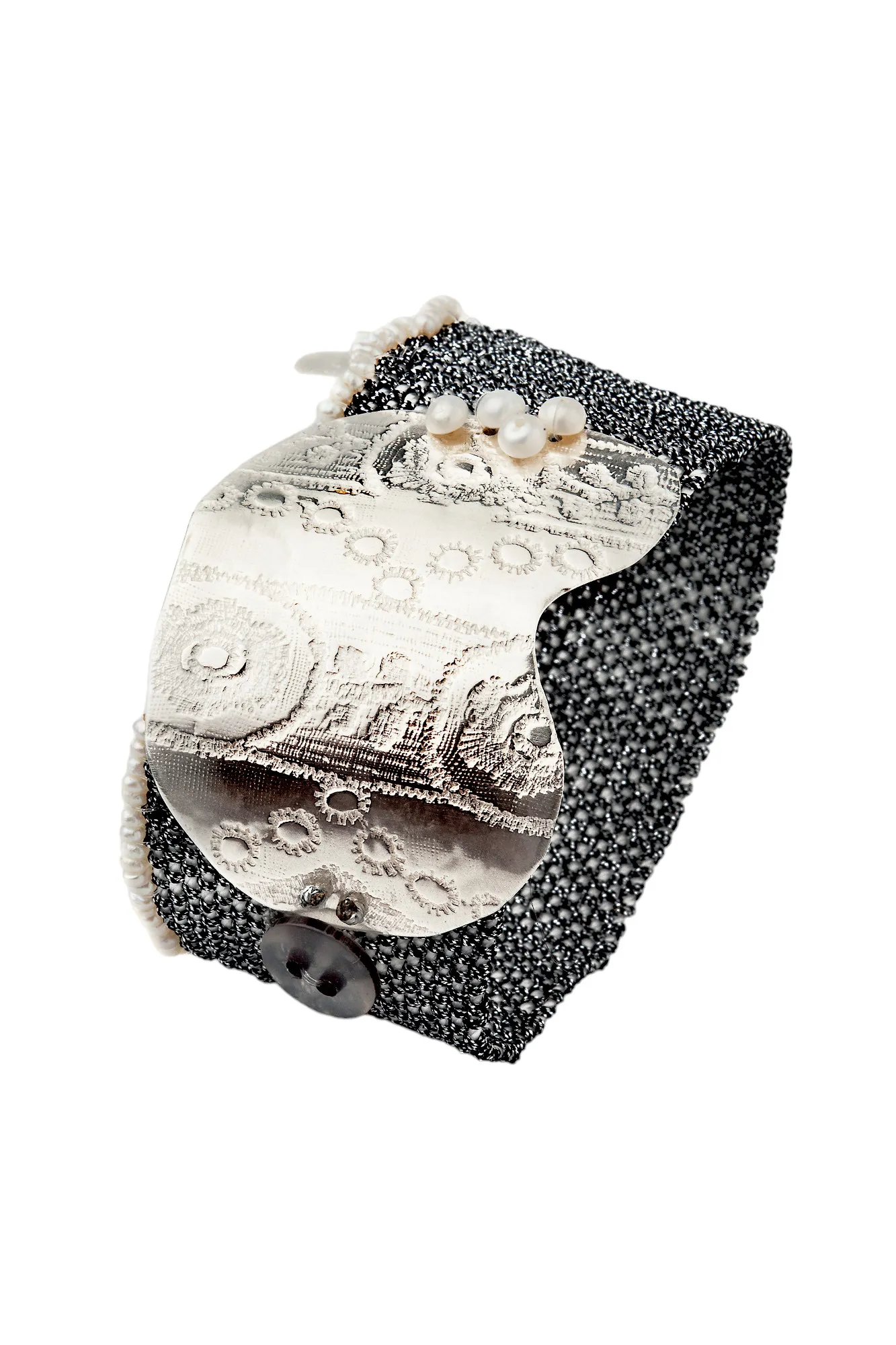 Woven black bracelet with silver and pearls