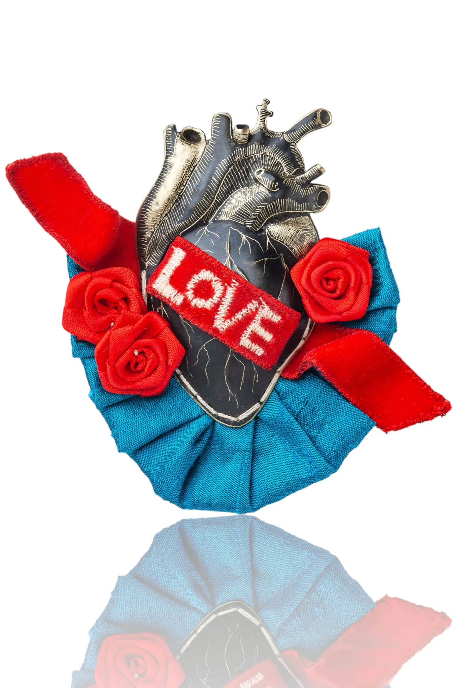 “Love” heart engraved bronze brooch with velvet and silk