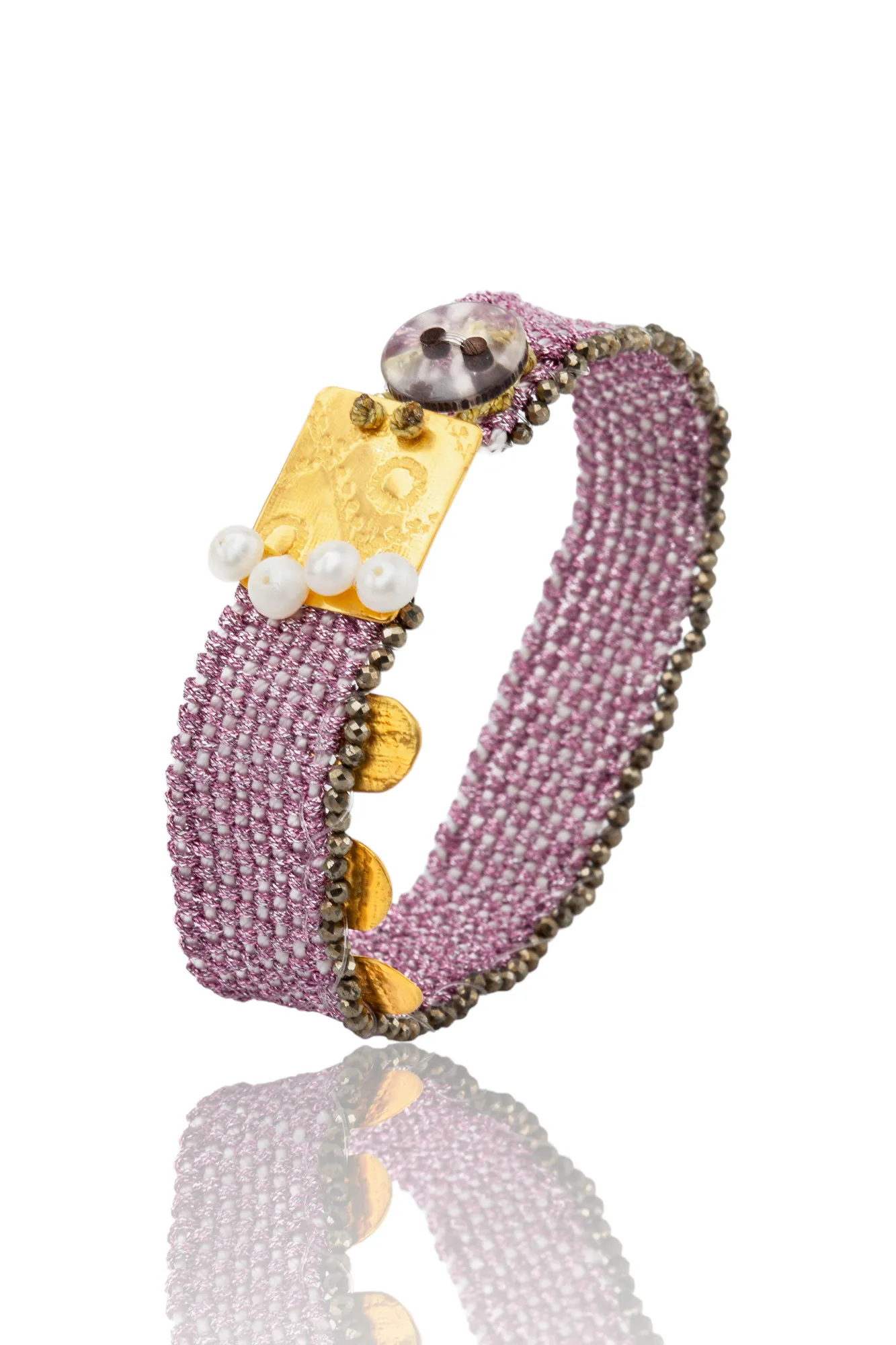 Woven bracelet with gold plated silver and pyrite