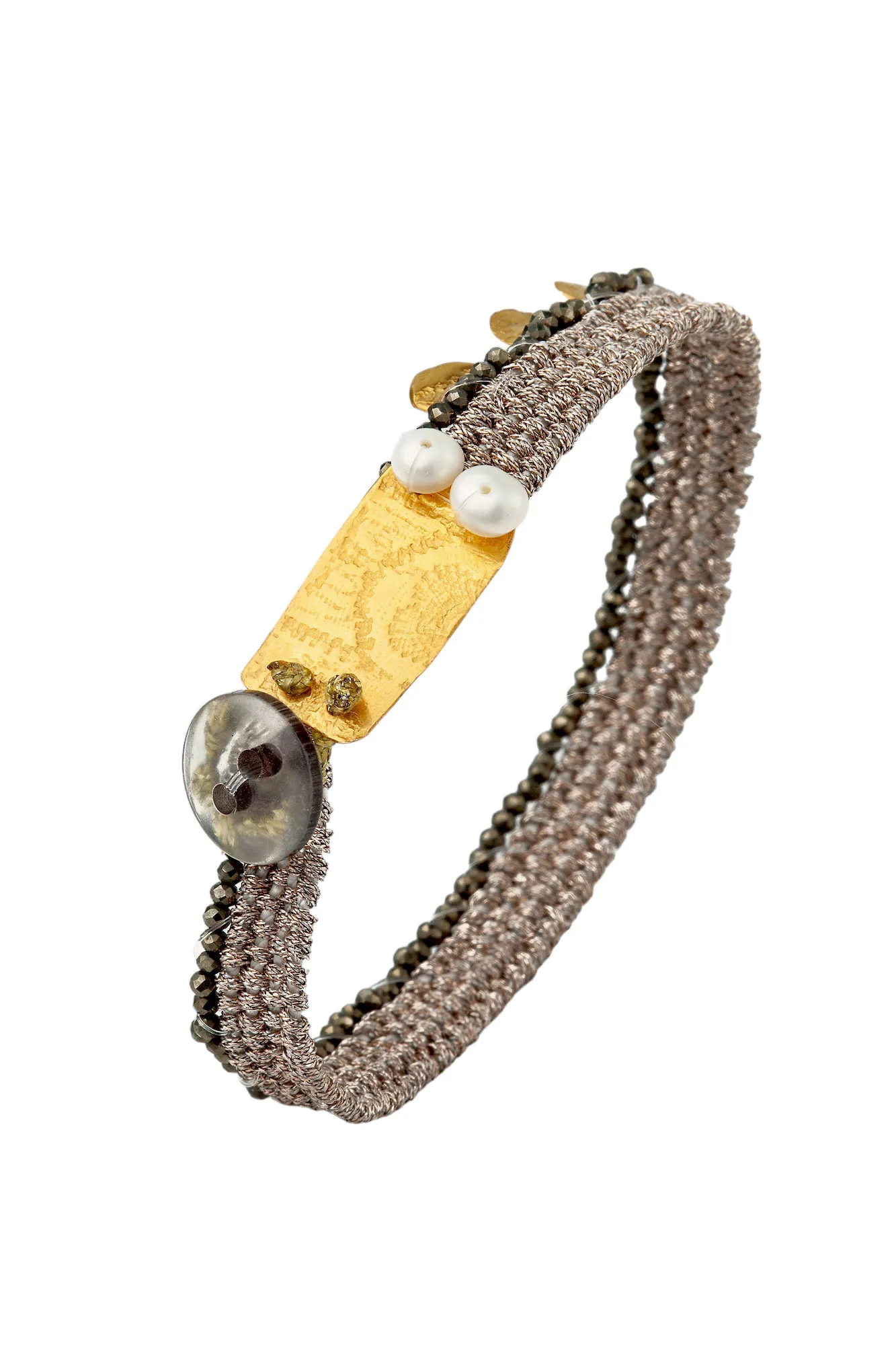 Handmade Jewellery | Woven bracelet with gold plated silver and pyrite main