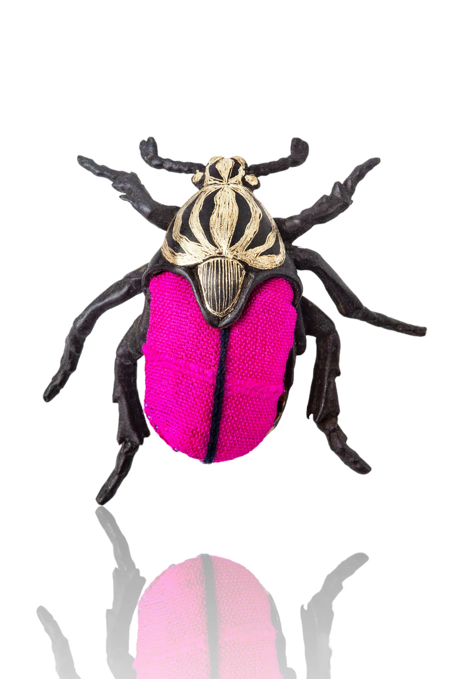 Handmade Jewellery | Beetle black bronze brooch combined with fuchsia silk fabric gallery 2