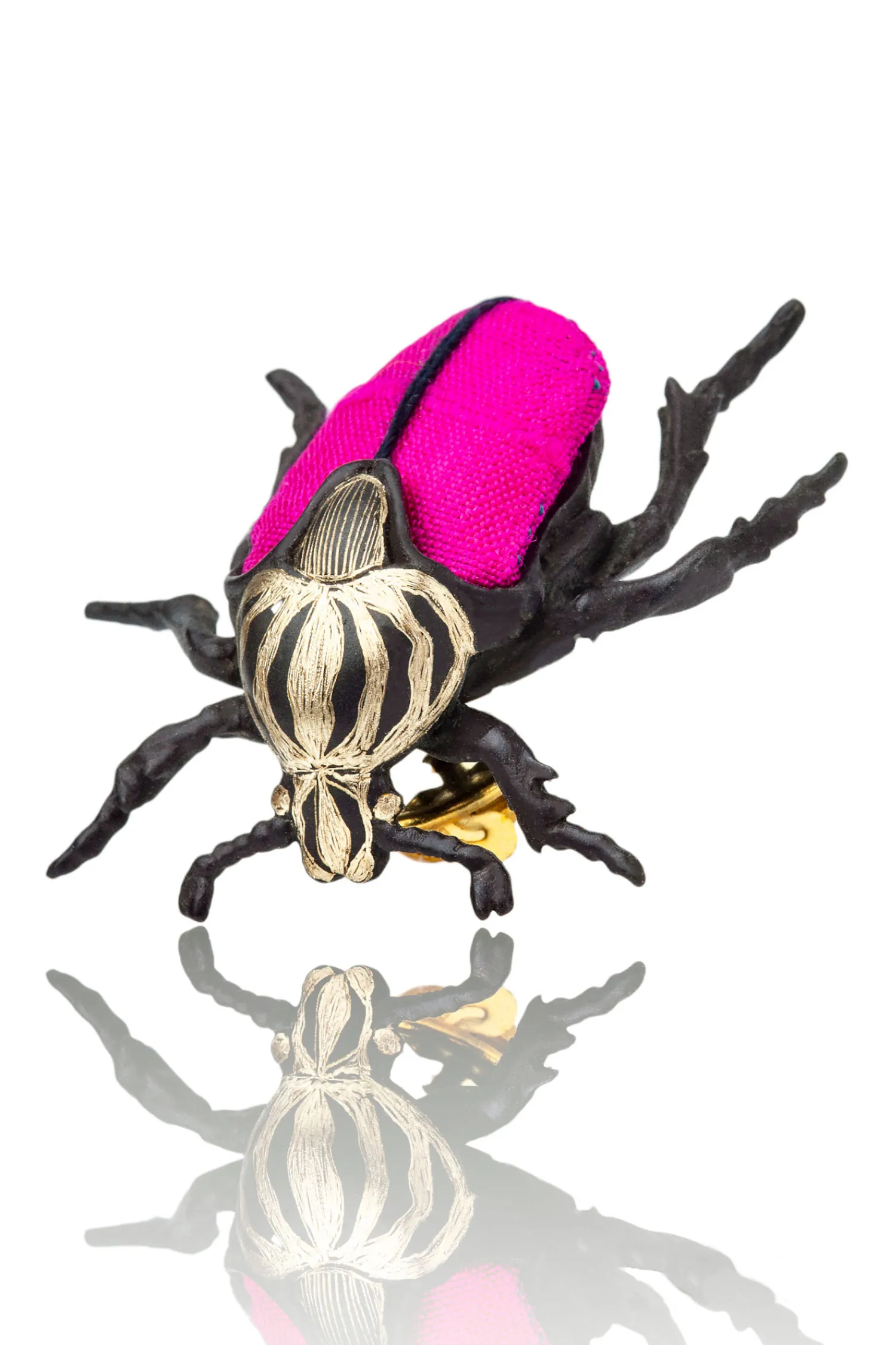 Handmade Jewellery | Beetle black bronze brooch combined with fuchsia silk fabric gallery 3