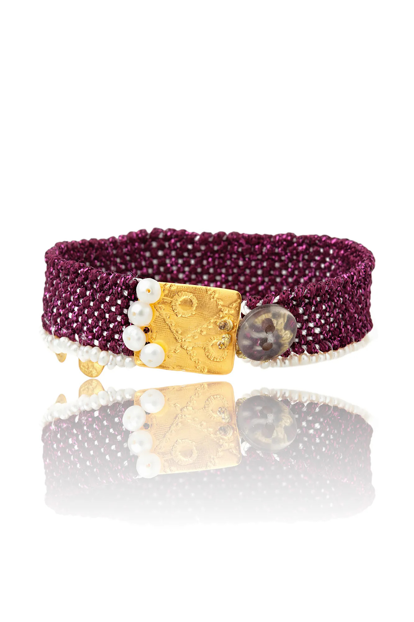 Handmade Jewellery | Woven burgundy bracelet with gold plated silver and pearls gallery 2