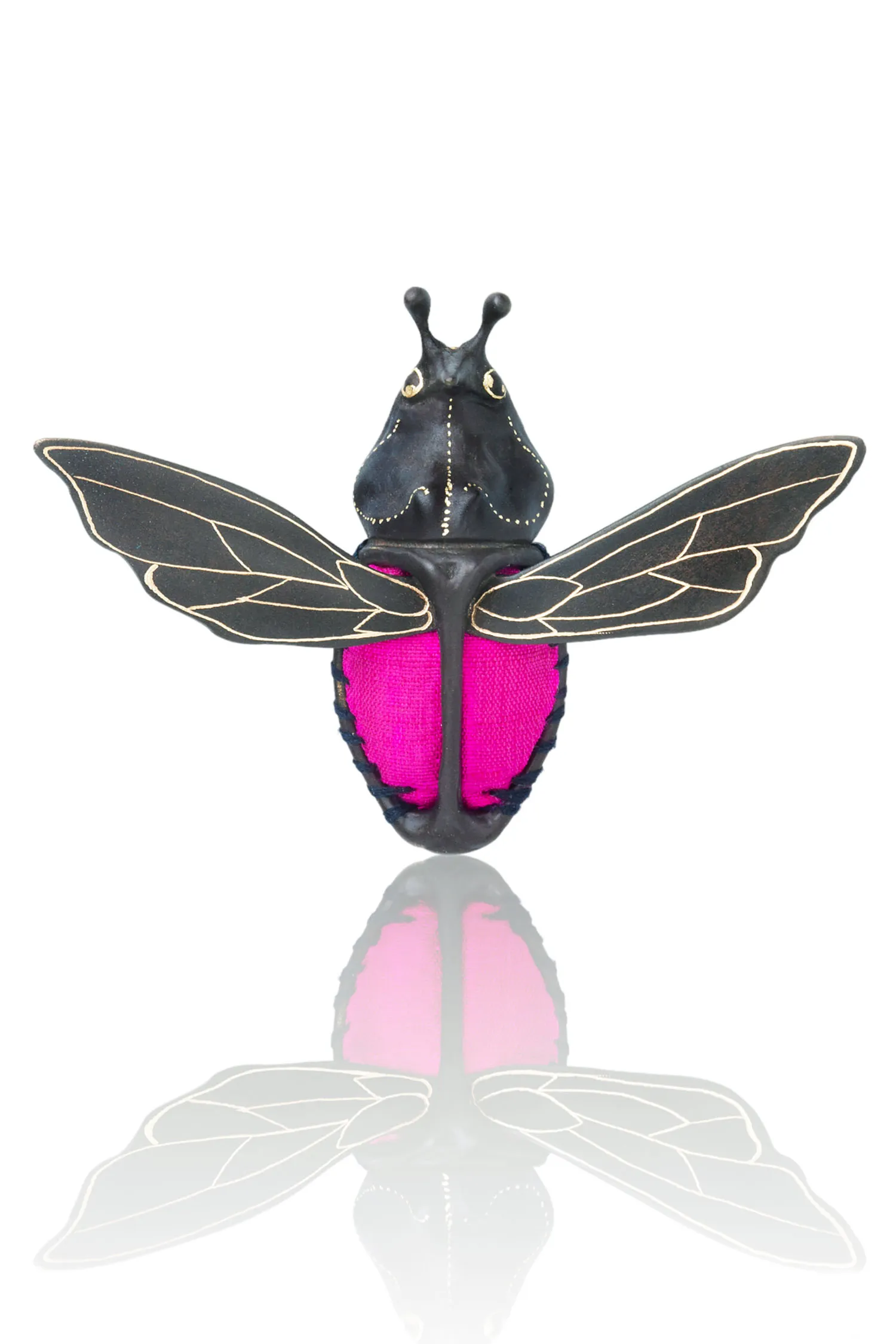 Handmade Jewellery | Beetle engraved bronze brooch with fuchsia silk main