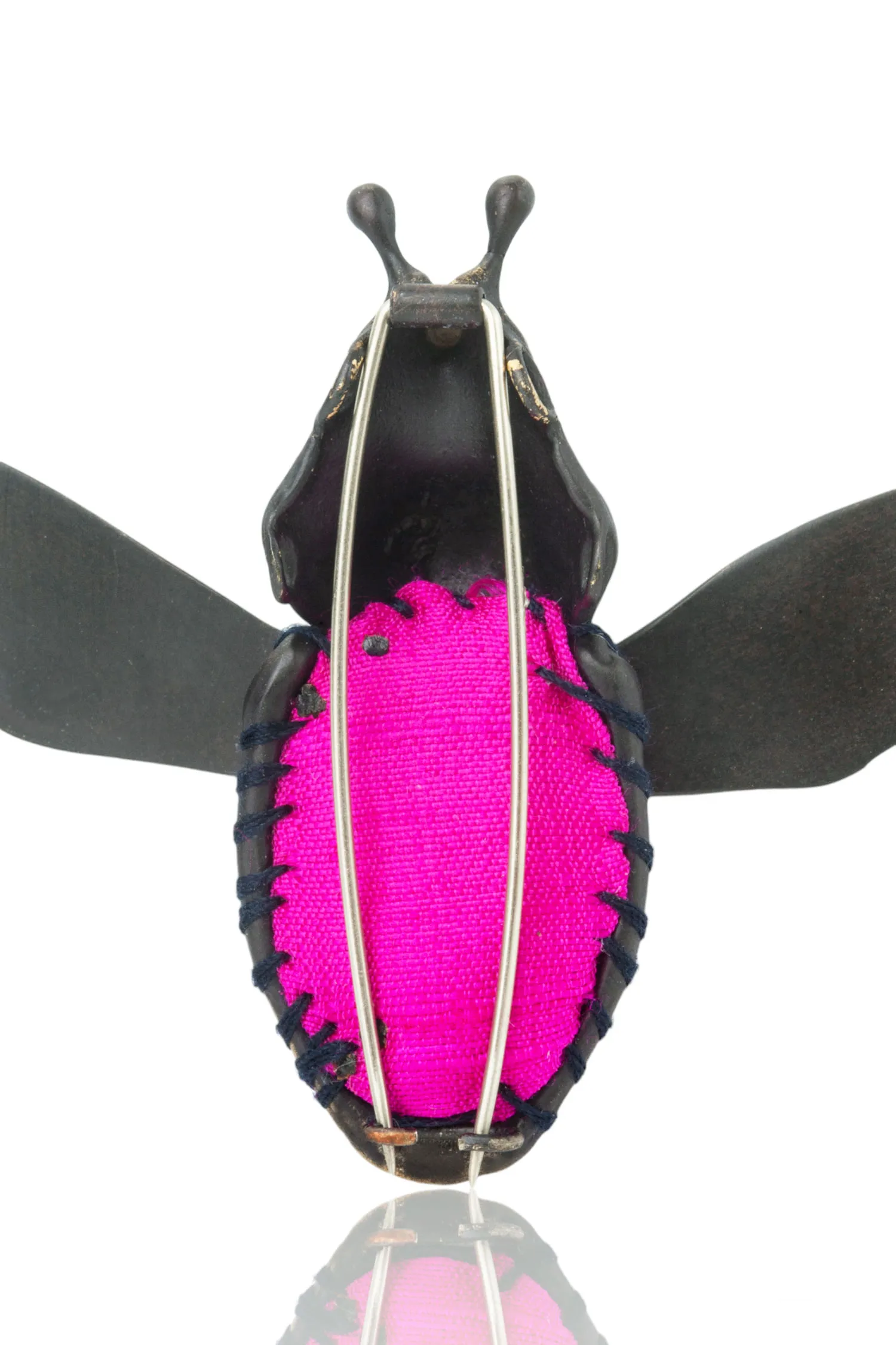 Handmade Jewellery | Beetle engraved bronze brooch with fuchsia silk gallery 2