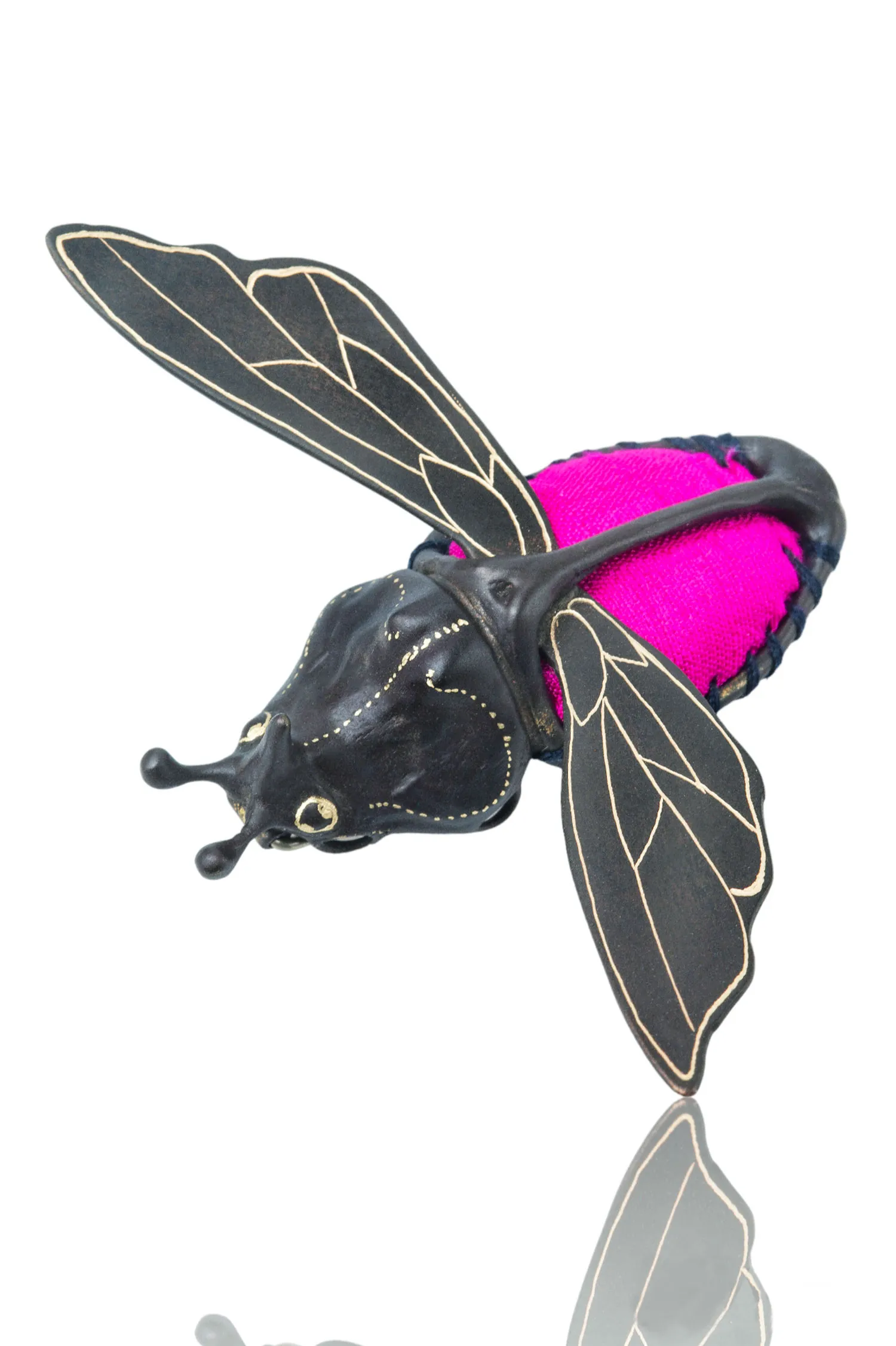 Handmade Jewellery | Beetle engraved bronze brooch with fuchsia silk gallery 1