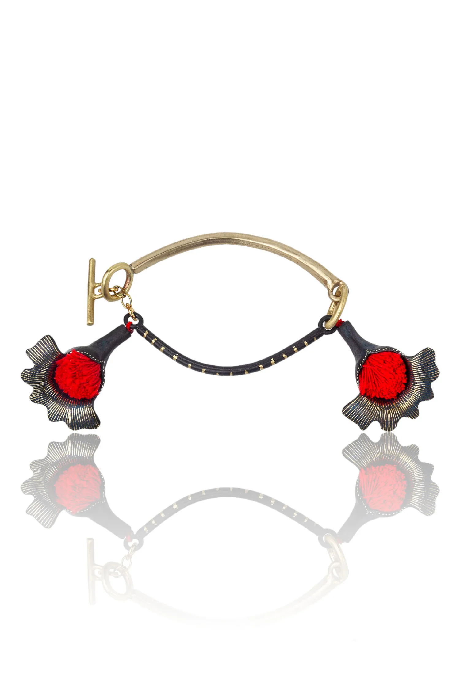 Flowers engraved bronze bracelet with red tassels