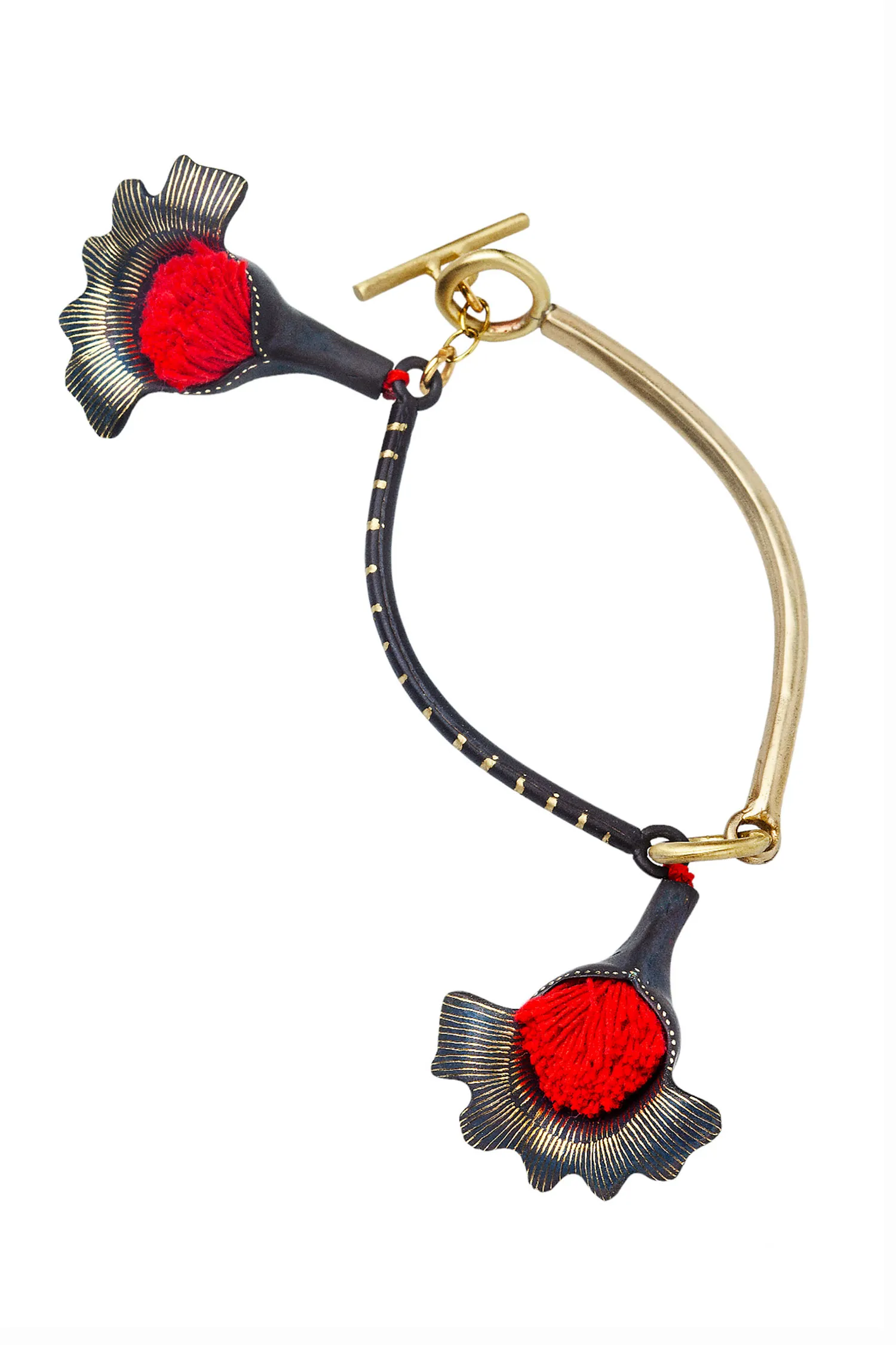 Handmade Jewellery | Flowers engraved bronze bracelet with red tassels gallery 3